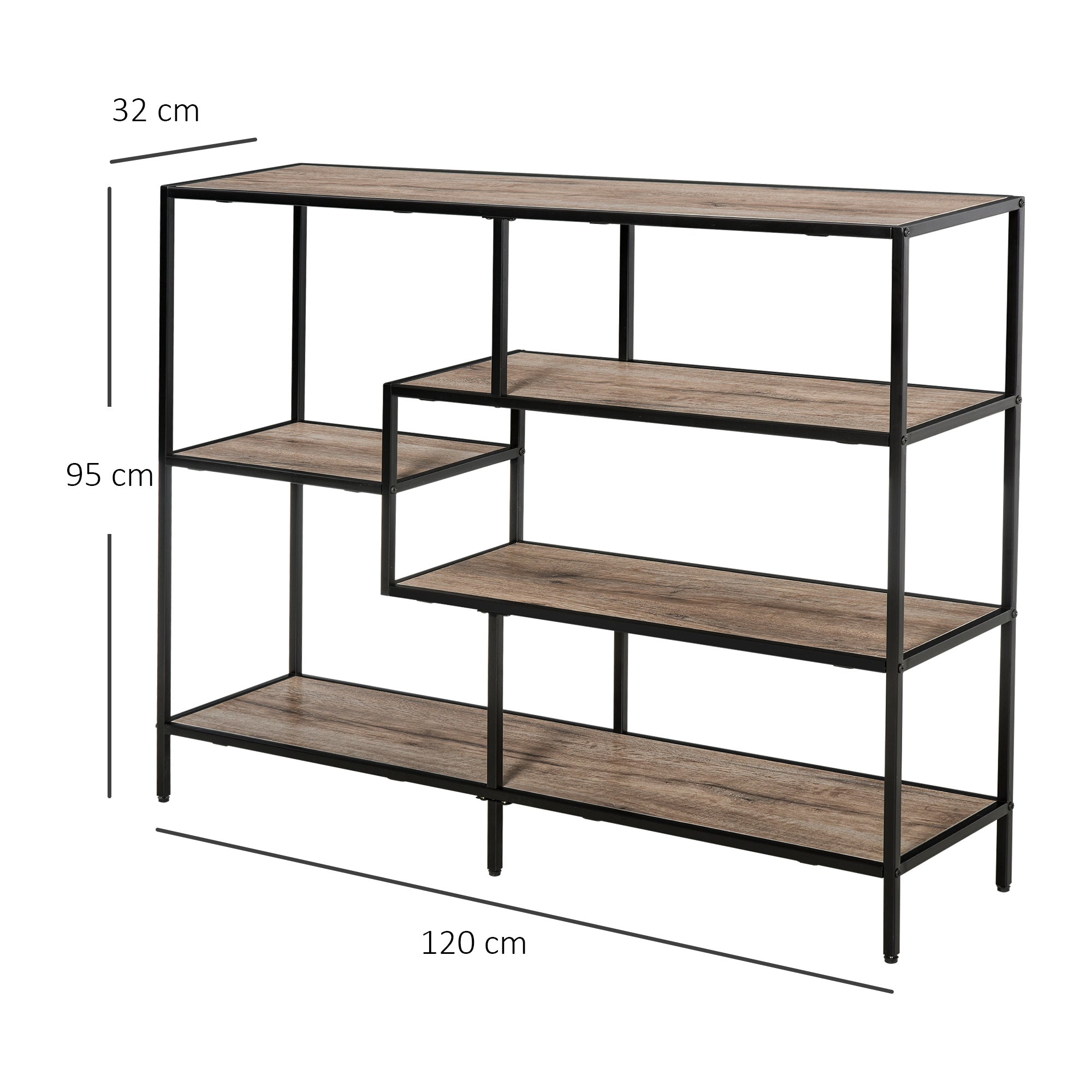 Standing Shelf, Bookshelf Storage Shelf Industrial Style, File Shelf, Kitchen Shelf, P2 Particle Board, Metal, Black + Light Oak, 120 x 32 x 95 cm