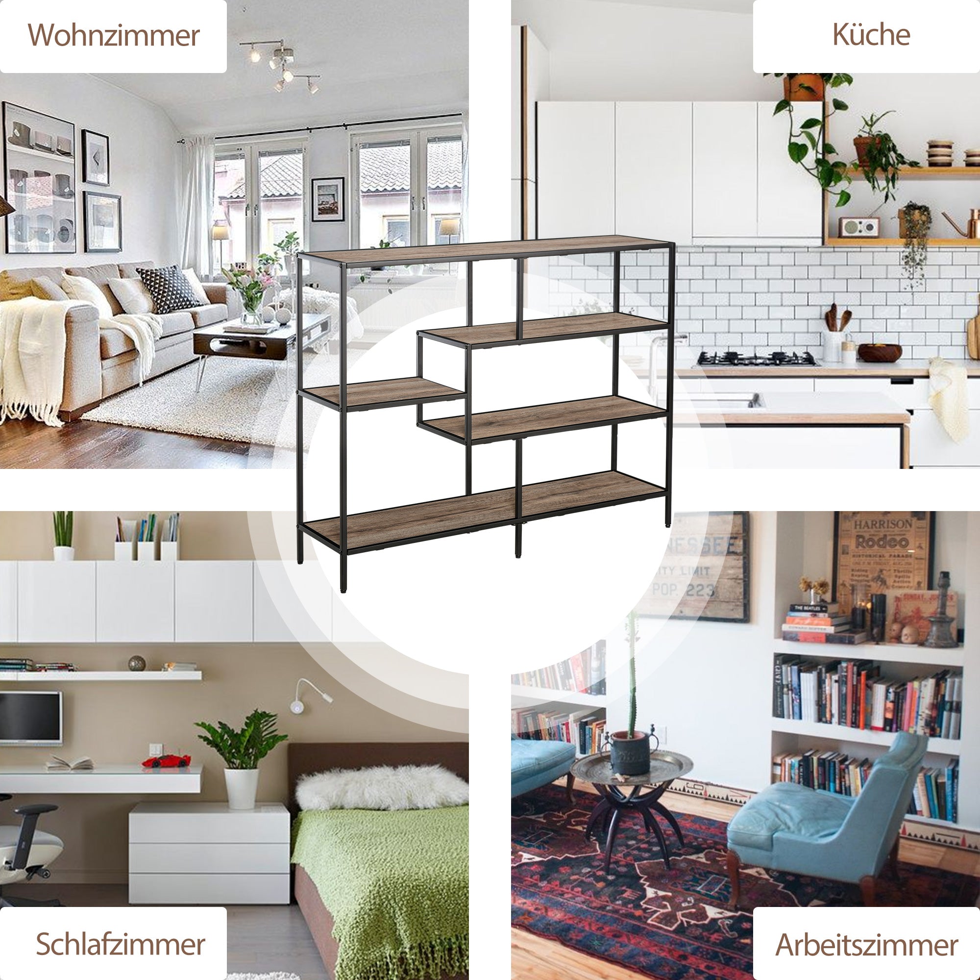 Standing Shelf, Bookshelf Storage Shelf Industrial Style, File Shelf, Kitchen Shelf, P2 Particle Board, Metal, Black + Light Oak, 120 x 32 x 95 cm