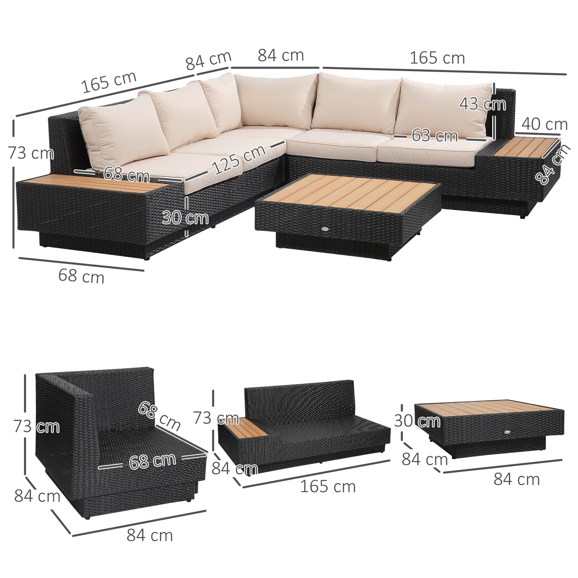 4-piece Luxury Poly Rattan Garden Set Garden Furniture Lounge Set Lounge Furniture incl. Shelves and Side Table Seat Cushion Black