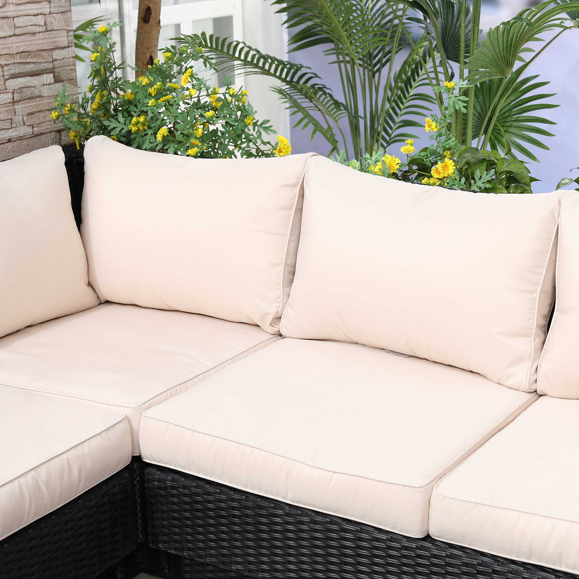 4-piece Luxury Poly Rattan Garden Set Garden Furniture Lounge Set Lounge Furniture incl. Shelves and Side Table Seat Cushion Black