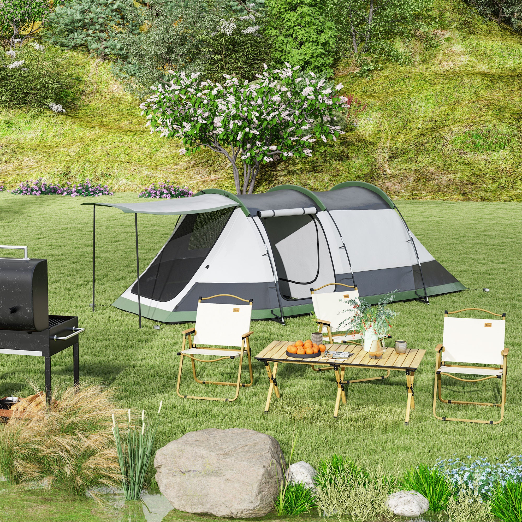 Family Camping Tent 3-4 Person - Tunnel Tent with Waterproof Porch 3000mm Lightweight Ventilated Easy to Set Up - Includes Transport Bag - Grey