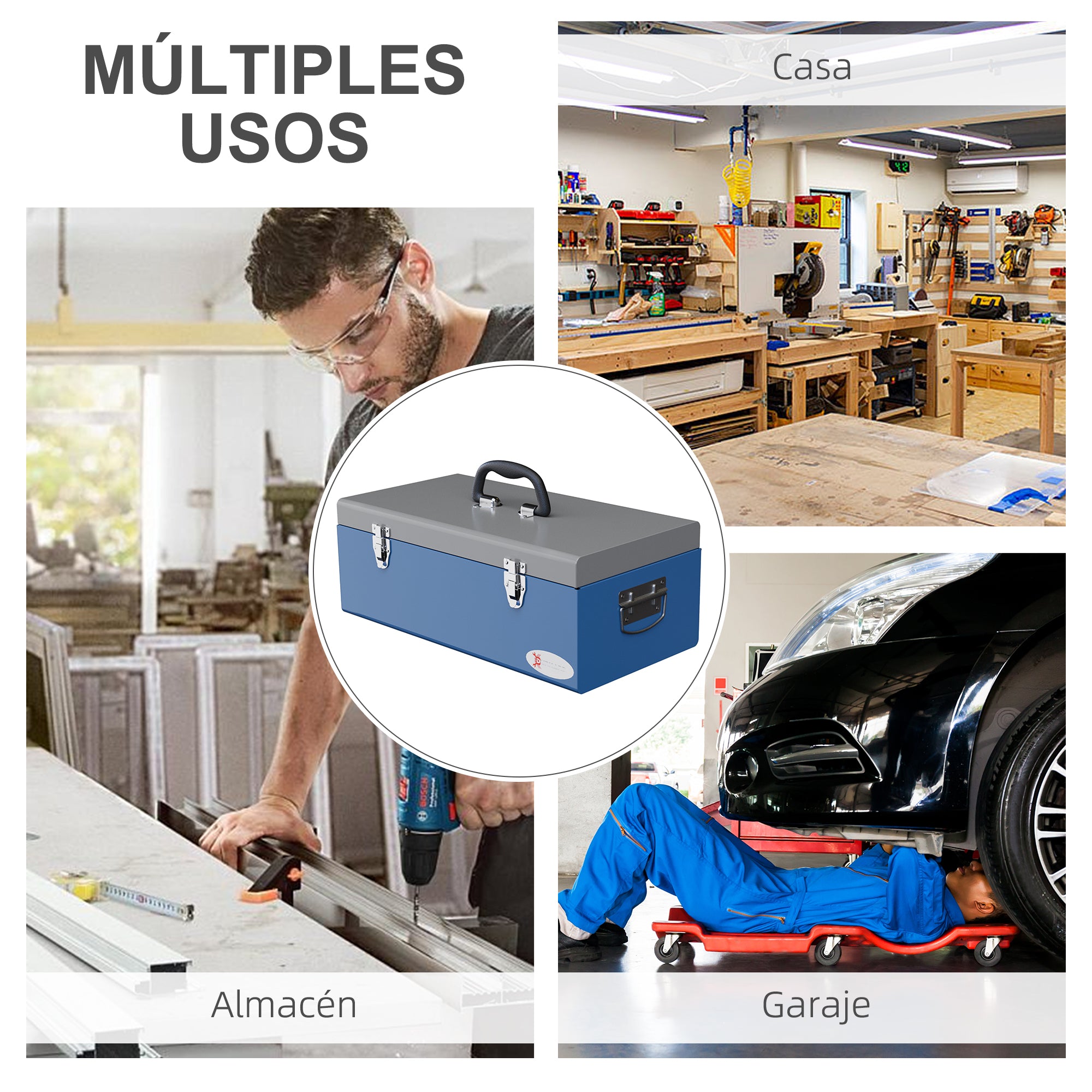 Metal Tool Box Toolbox 50x26x18.5 cm with Transport Handles Load 20 kg Gray and Blue