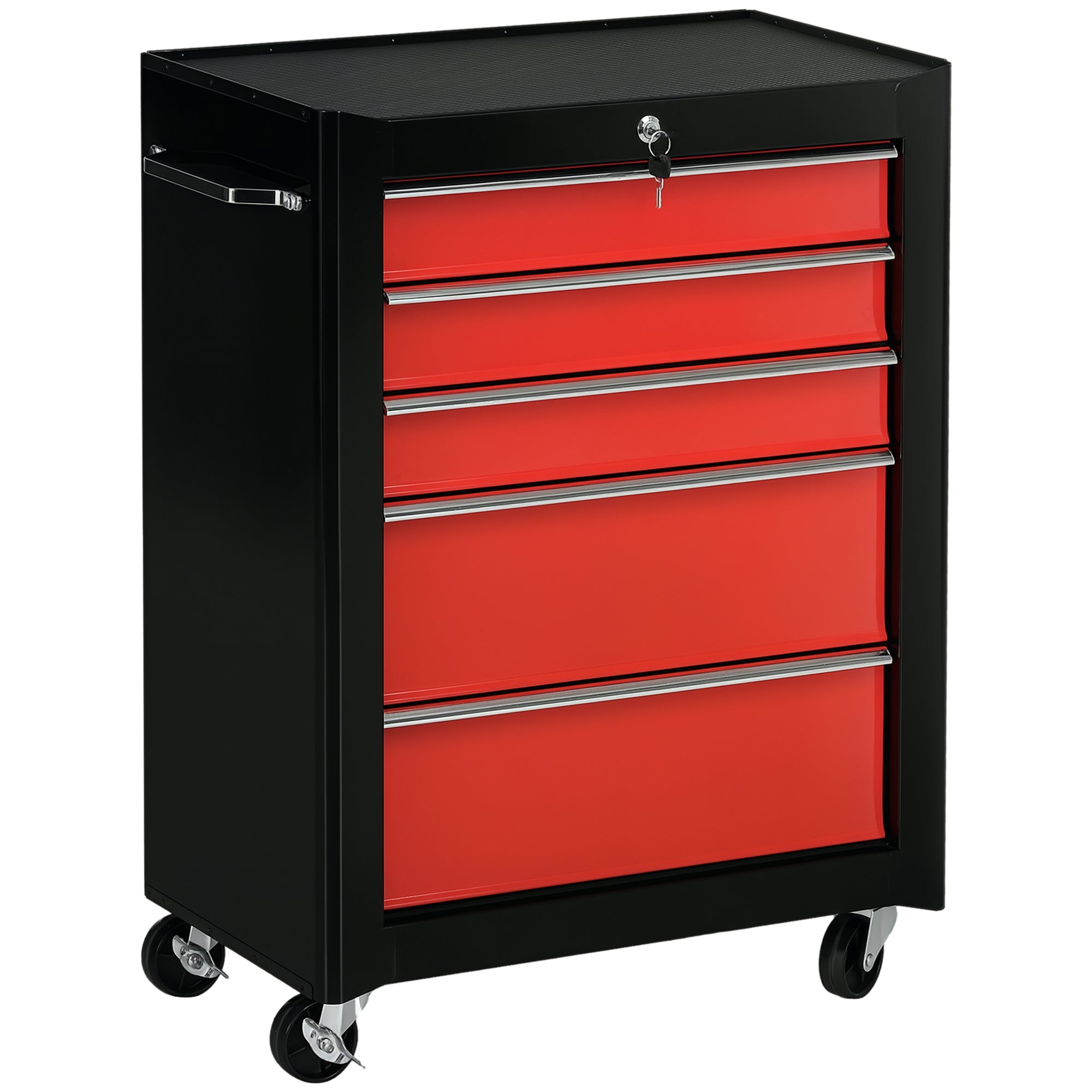 5-Drawer Steel Workshop Trolley – Lockable Mobile Tool Cart with EVA Drawer Liners, Red & Black