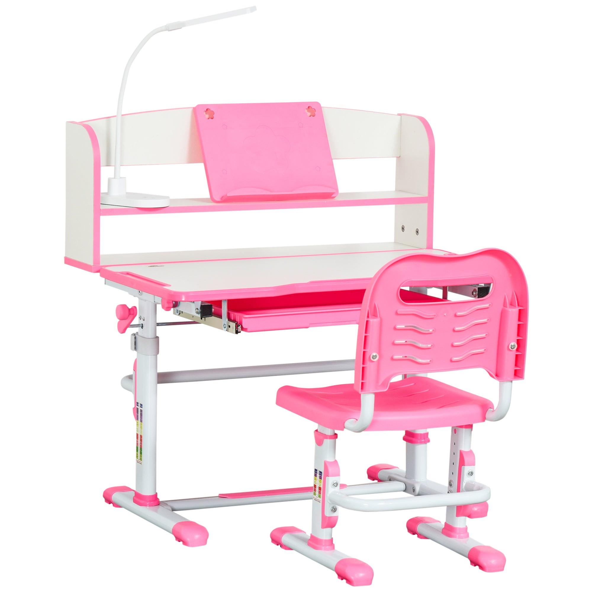 Adjustable Height Children's Desk and Chair Set for 6-12 Years Old, School Bench with 45° Tiltable Desk, Lamp, Drawer, Shelf, Pen Holder, and Reading Stand, in Steel and MDF, Pink