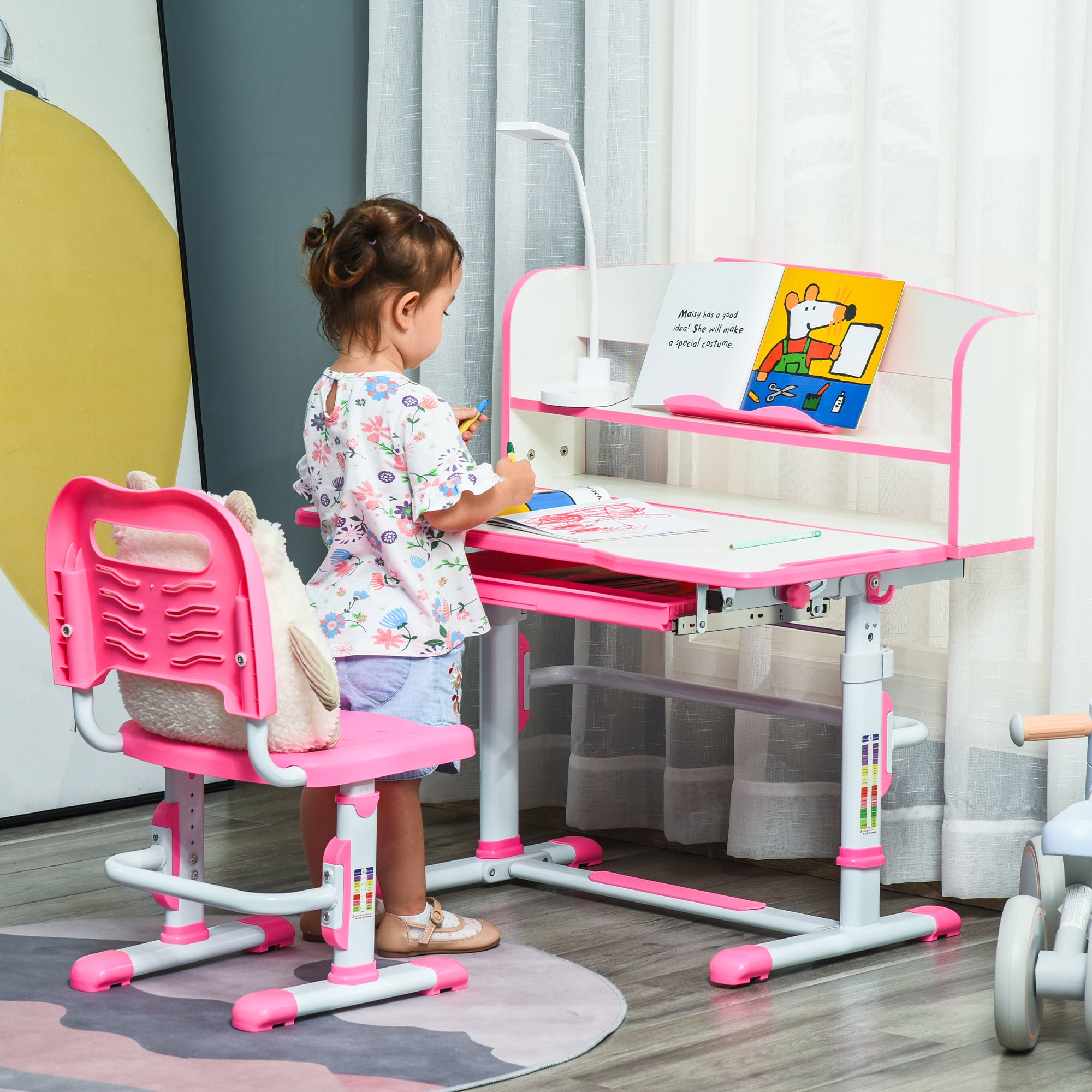 Adjustable Height Children's Desk and Chair Set for 6-12 Years Old, School Bench with 45° Tiltable Desk, Lamp, Drawer, Shelf, Pen Holder, and Reading Stand, in Steel and MDF, Pink