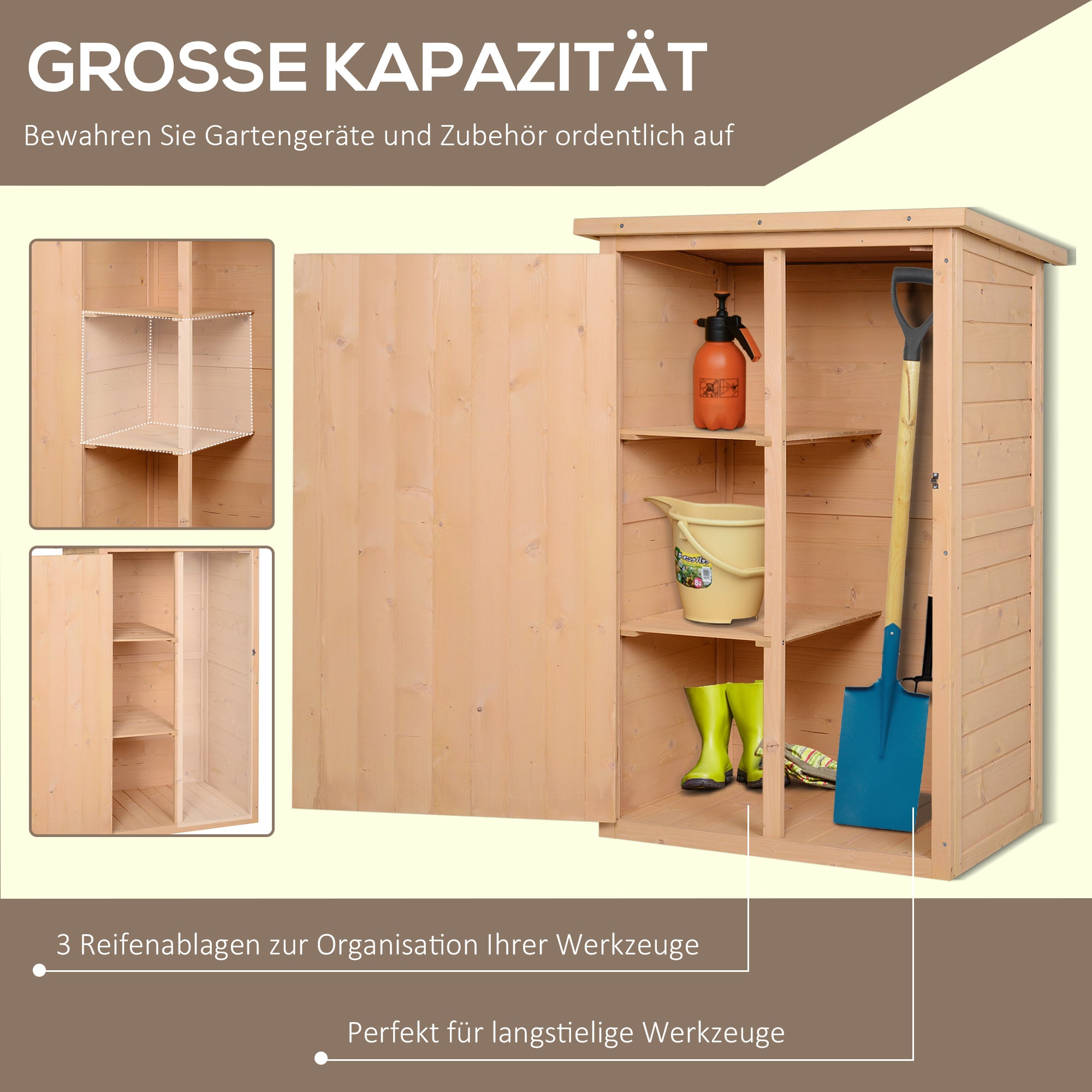 Wooden Garden Cabinet, Weatherproof Tool Shed 75x56x115cm, Equipment House with Door, Shelves, Tool Cabinet, Garden Tool Shed for Garden, Patio, Backyard, Lawn, Natural