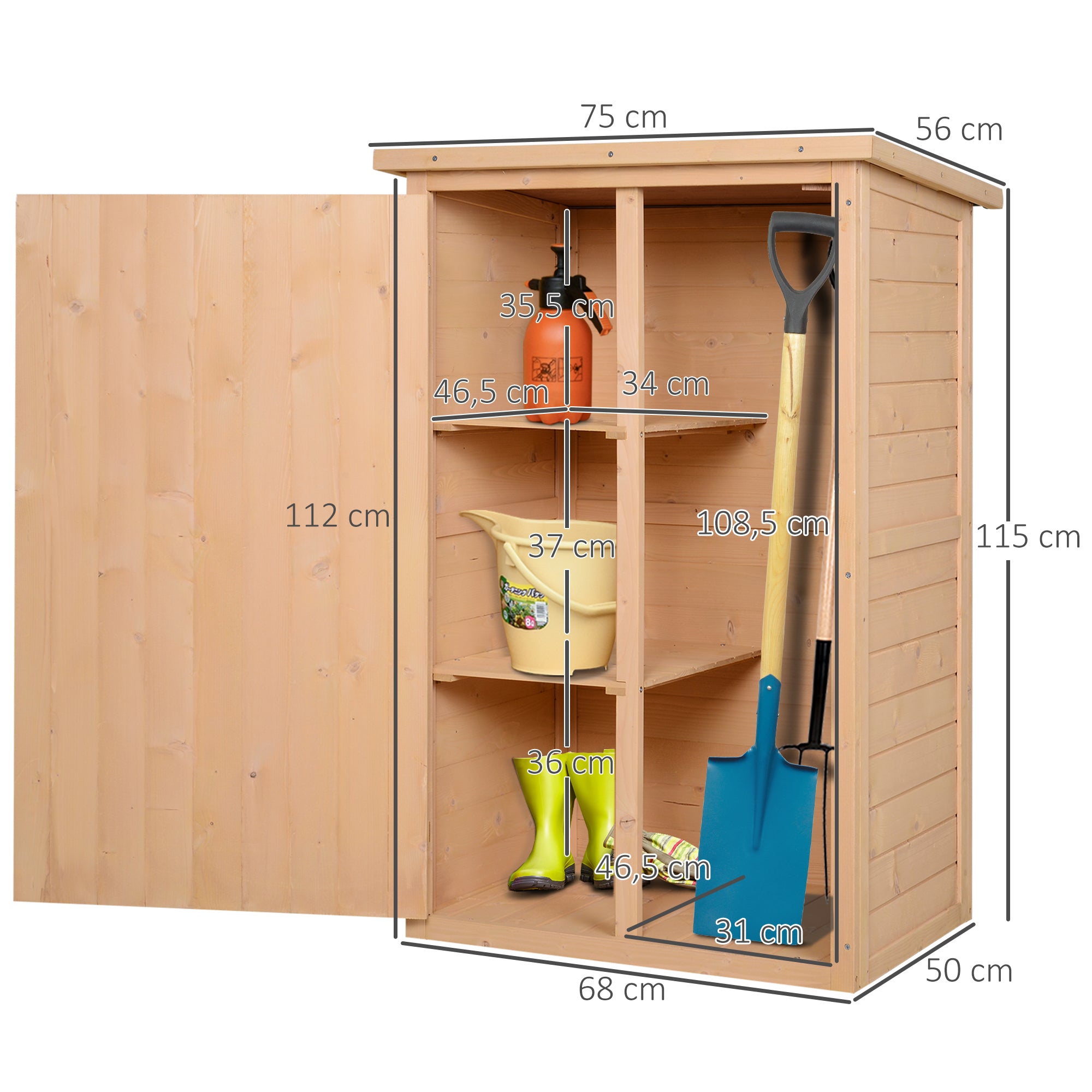 Wooden Garden Cabinet, Weatherproof Tool Shed 75x56x115cm, Equipment House with Door, Shelves, Tool Cabinet, Garden Tool Shed for Garden, Patio, Backyard, Lawn, Natural