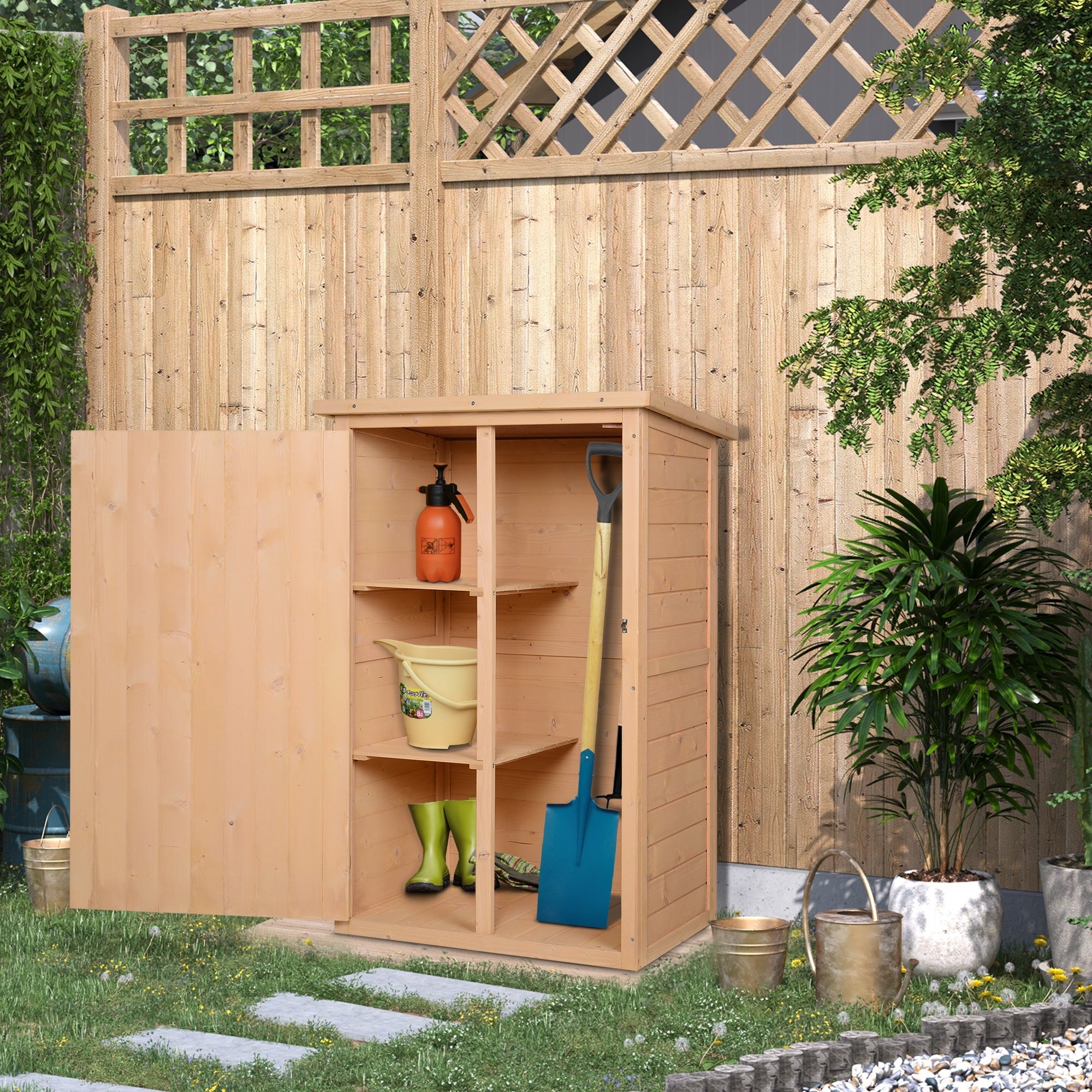 Wooden Garden Cabinet, Weatherproof Tool Shed 75x56x115cm, Equipment House with Door, Shelves, Tool Cabinet, Garden Tool Shed for Garden, Patio, Backyard, Lawn, Natural