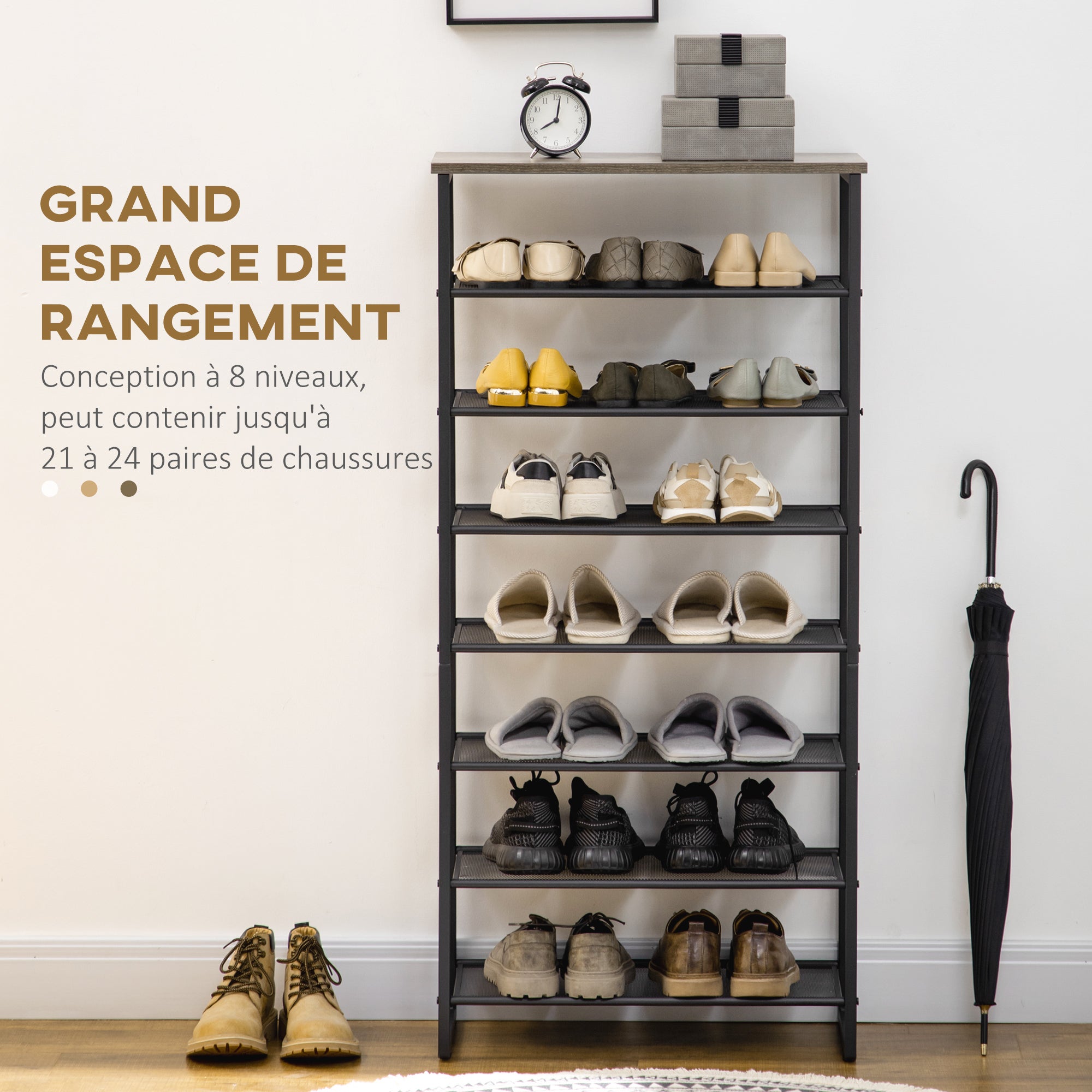 8-Level Shoe Rack Storage Cabinet Shoe Organizer for 21 Pairs Steel Frame Wood-Look Top Shelf - 60 x 28.5 x 126 cm Black