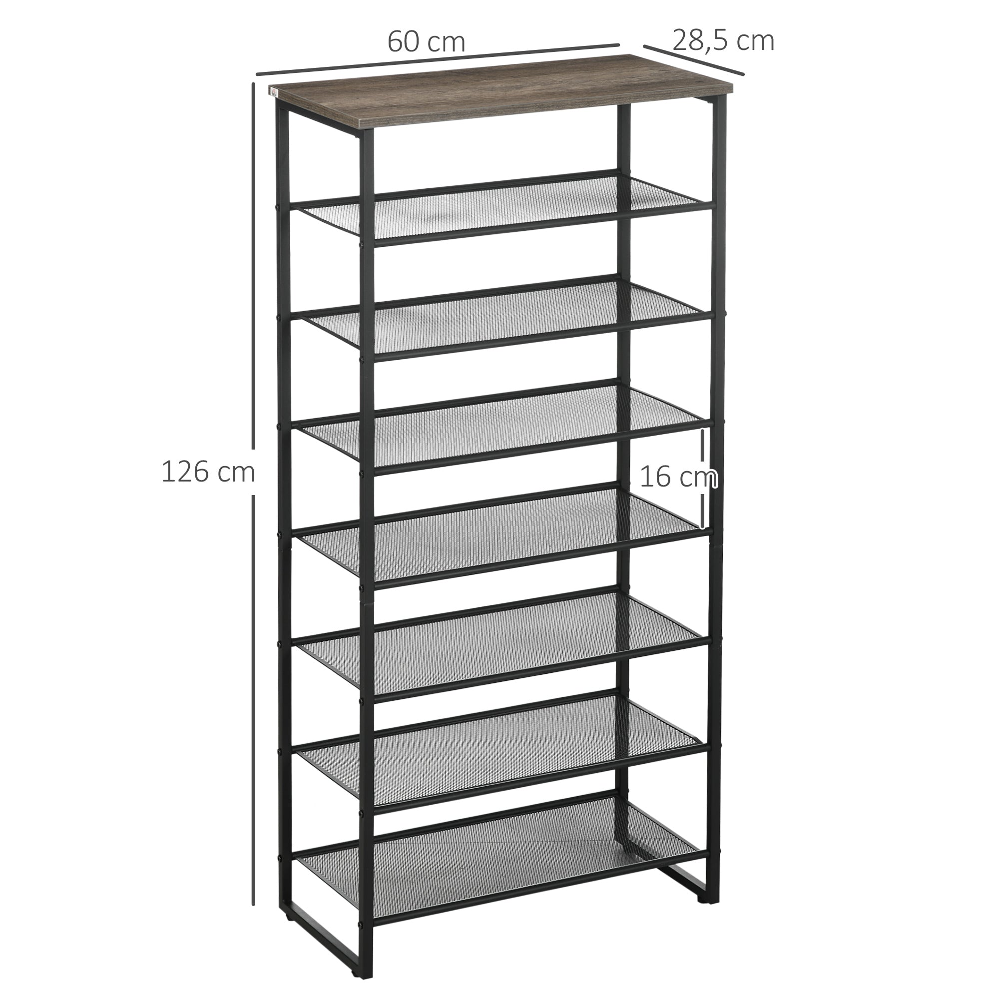 8-Level Shoe Rack Storage Cabinet Shoe Organizer for 21 Pairs Steel Frame Wood-Look Top Shelf - 60 x 28.5 x 126 cm Black