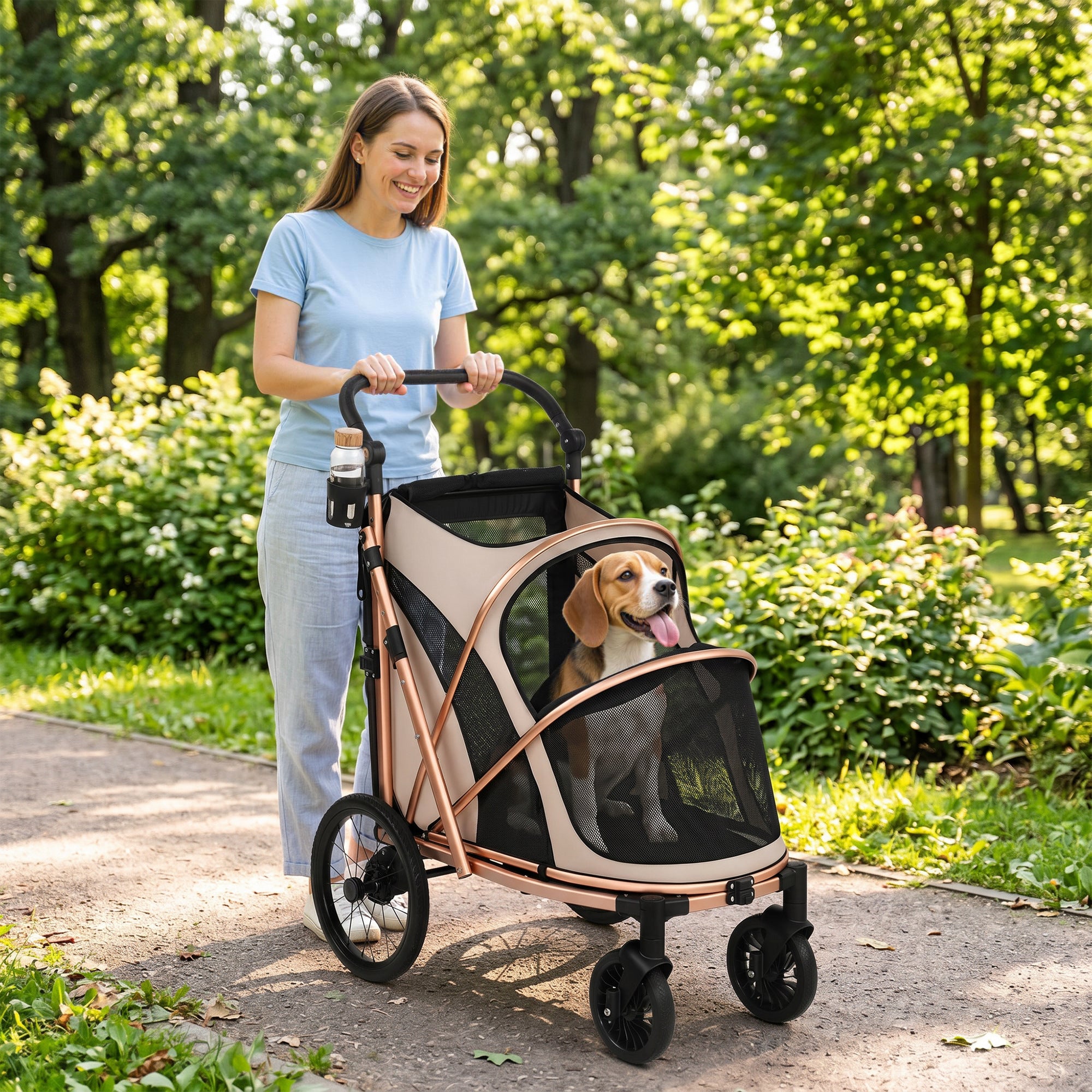 Folding Dog Stroller – Up to 44 lb, Large Wheels, Suspension & Brake, Mesh Windows, Aluminum Frame, Removable Cushion, Straps, Adjustable Handle, Light Brown