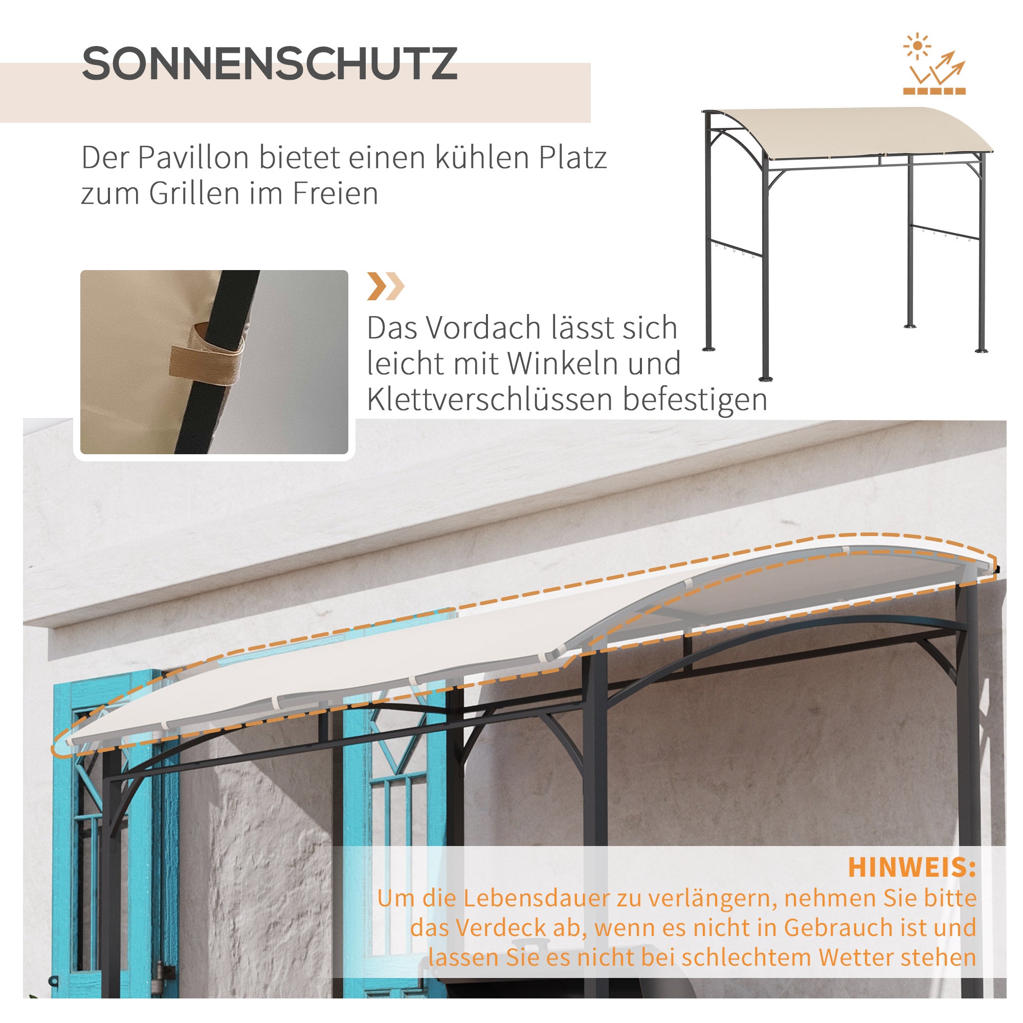 Grill Pavilion 215 x 150 x 220 cm Water-Repellent Garden Pavilion with Curved Roof, Garden Arbor with Hooks, BBQ Pavilion, Garden Tent Grill Tent Party Tent for Garden Party Picnic BBQ, Beige
