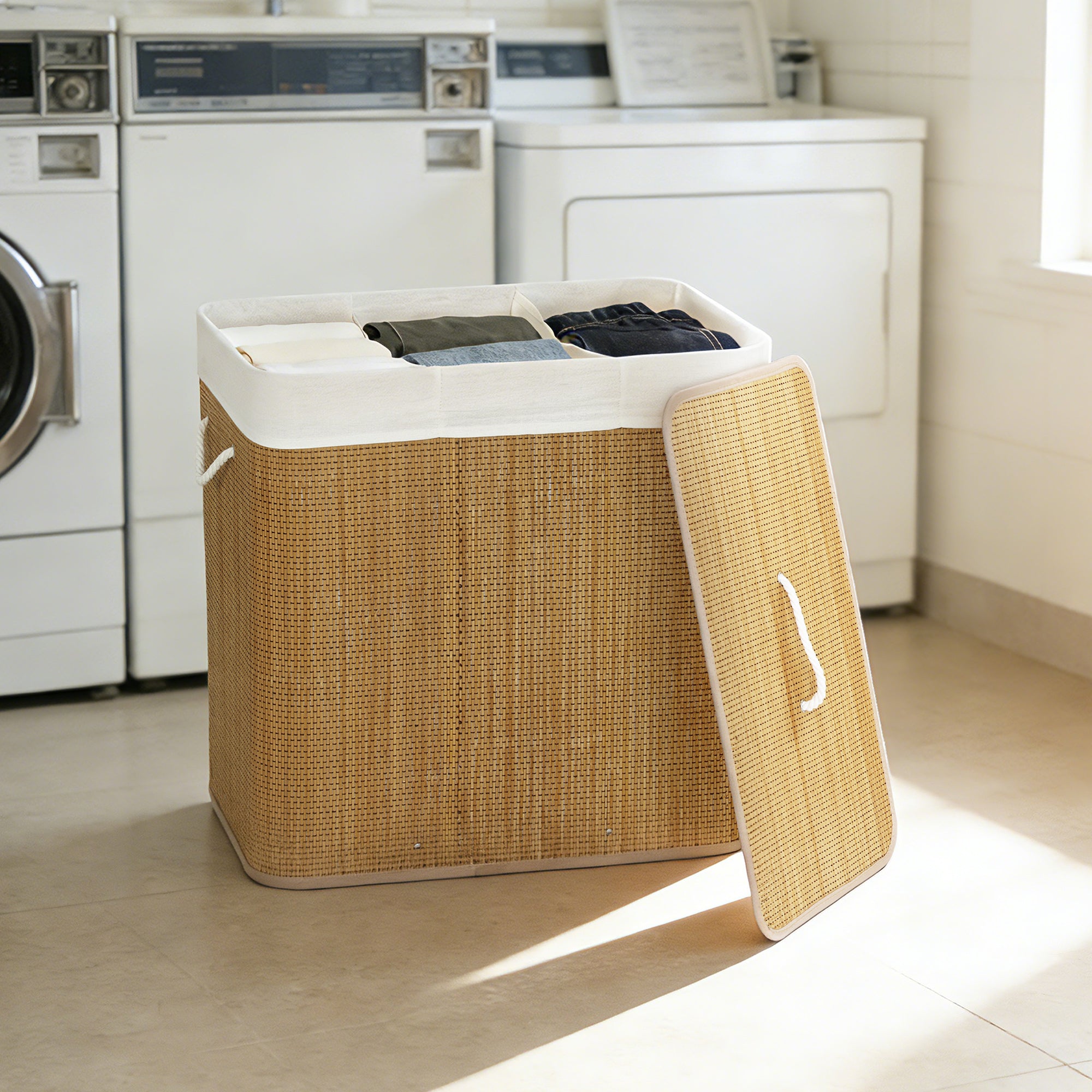 Bamboo Laundry Hamper with Lid, 144L, 3-Compartment Laundry Basket with Removable Washable Liners and Handles, for Laundry Room or Bedroom, 60 x 40 x 60 cm, Brown