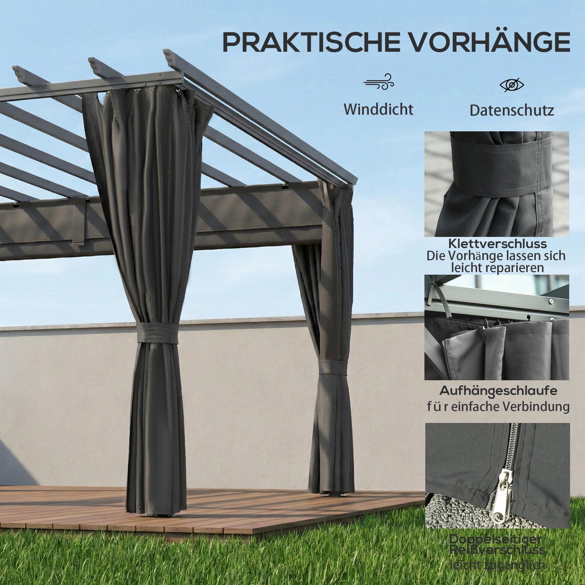 Pergola approx. 3.6 x 3.0 m Garden Pavilion — Aluminum Patio Canopy with Adjustable Retractable Roof, Freestanding Sun Shelter, Dark Gray