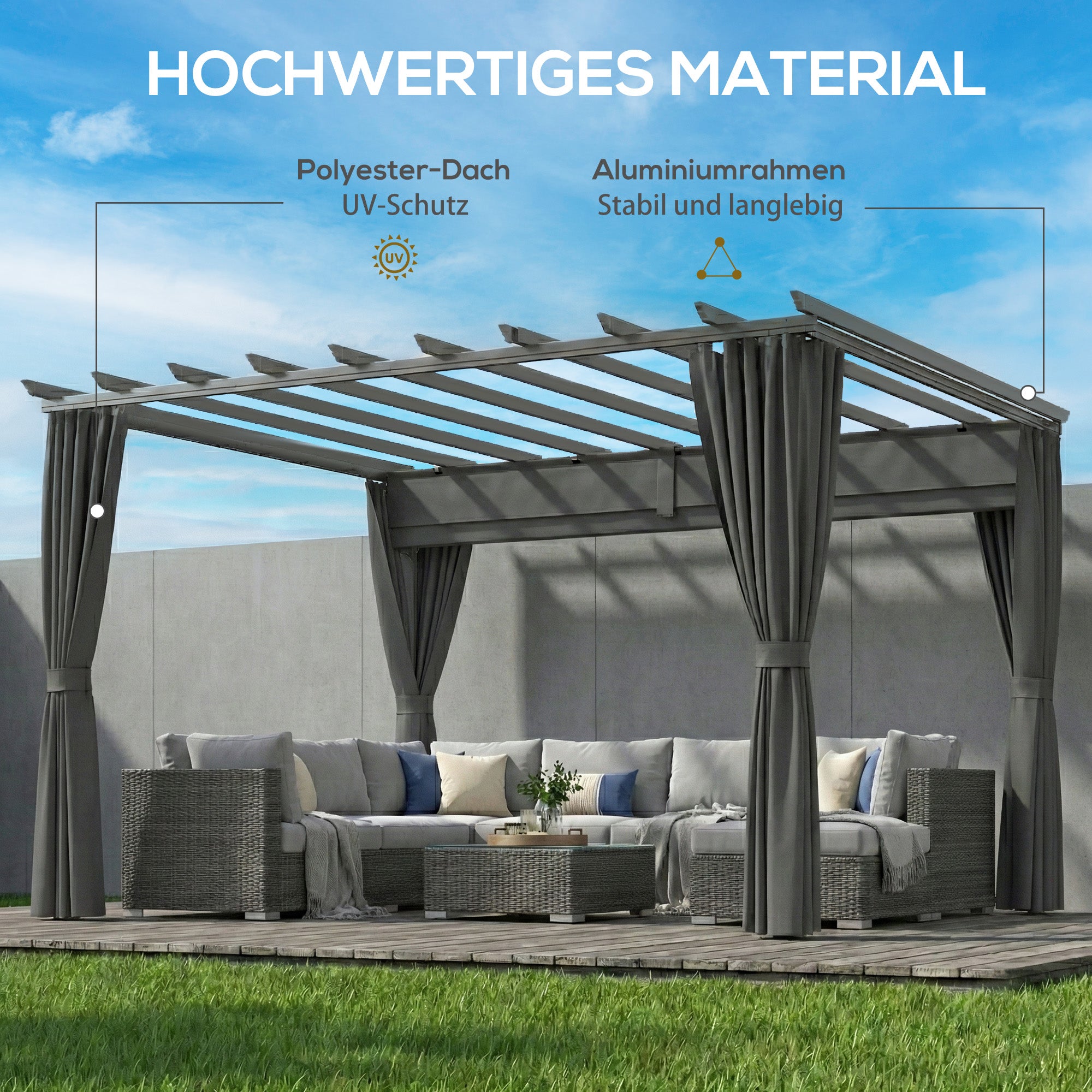 Pergola approx. 3.6 x 3.0 m Garden Pavilion — Aluminum Patio Canopy with Adjustable Retractable Roof, Freestanding Sun Shelter, Dark Gray