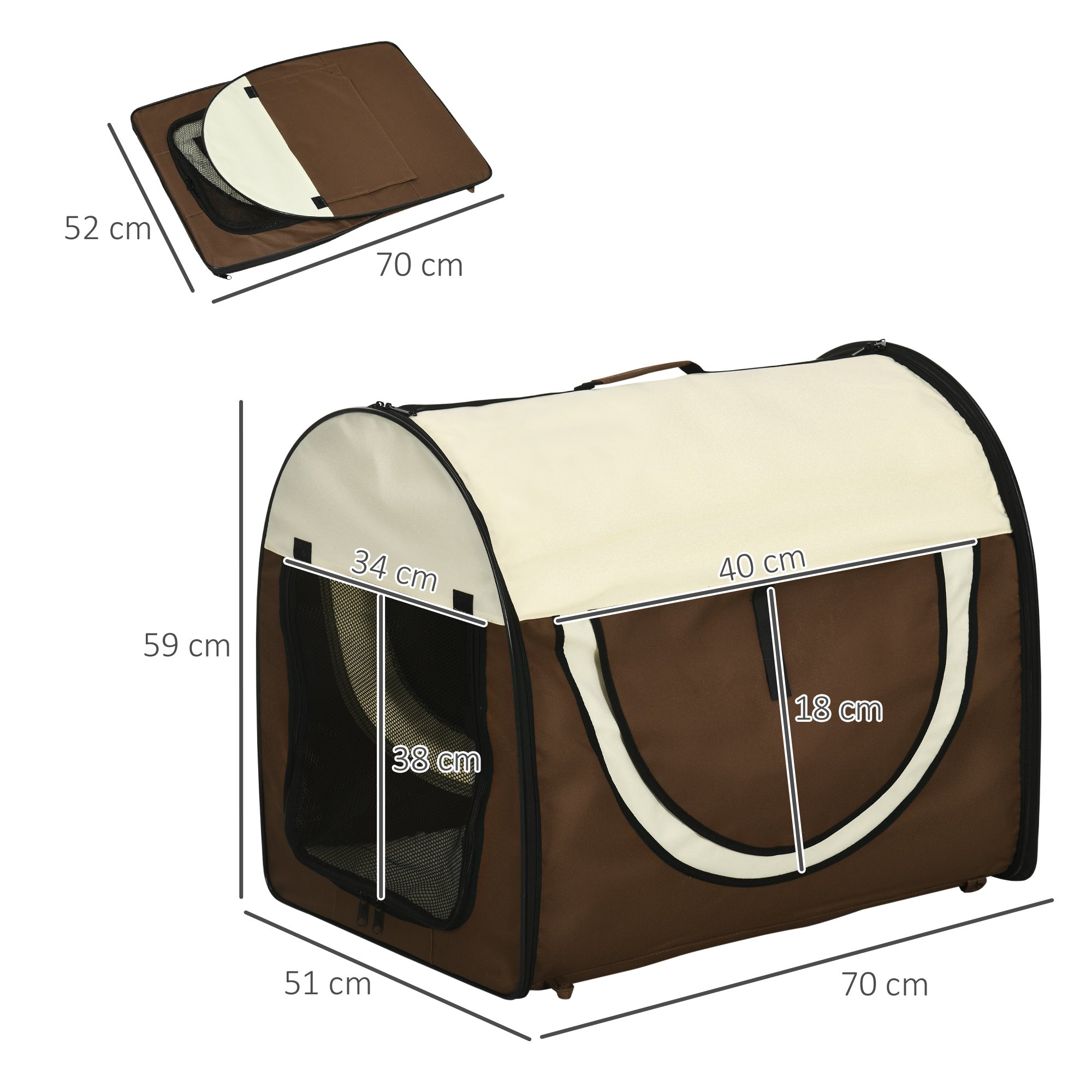 Foldable Pet Carrier in Oxford with Removable Washable Cushion and Carrying Bag, 70x51x59cm, Brown
