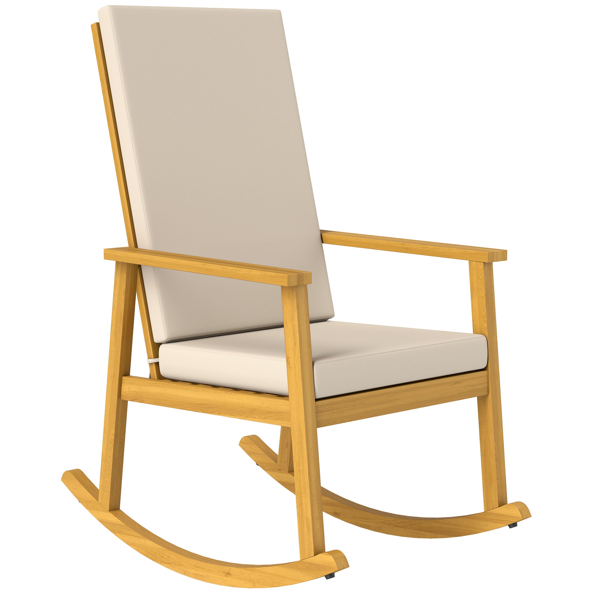 Acacia Wood Rocking Chair with High Back and Cushions — Outdoor Relax Chair for Garden, Balcony & Patio, Supports up to 353 lb, Beige (23.6 x 35.0 x 42.1 in / 60 x 89 x 107 cm)