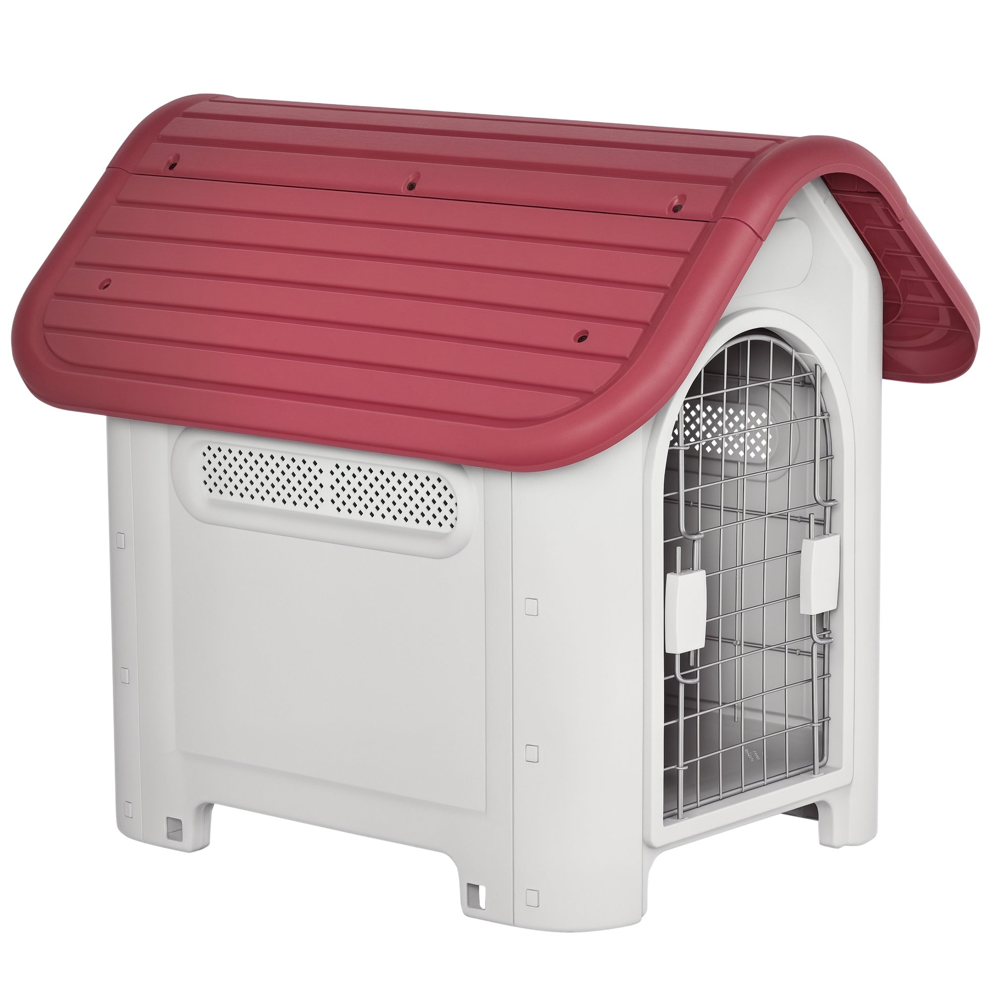 Dog House Outdoor Kennel with Roof Window Door Shelter for Small Dogs Small Animal House Air Circulation Waterproof Metal Plastic Red + Light Gray 59 x 75 x 66 cm