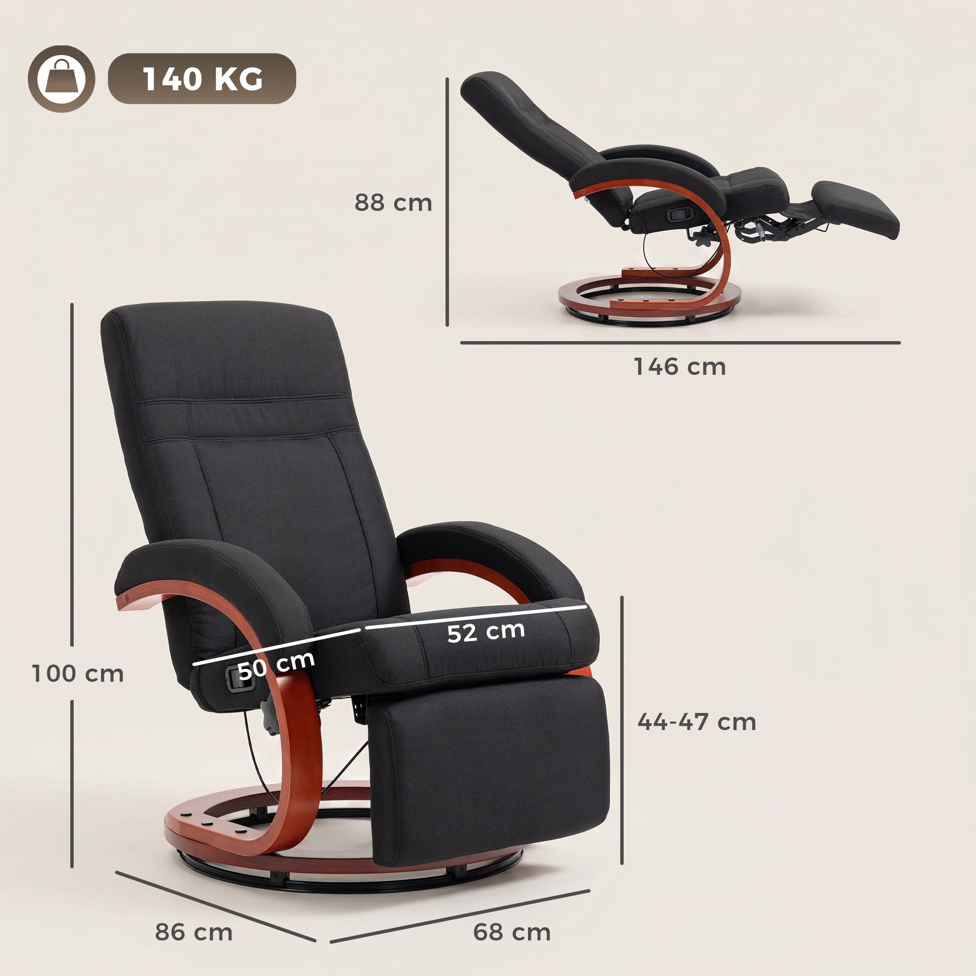 Reclining Armchair with Footrest – High-Back TV Chair, Ergonomic Armrests, Eucalyptus Wood Base, Linen-Look Fabric, Recliner for Living Room & Bedroom (Black)