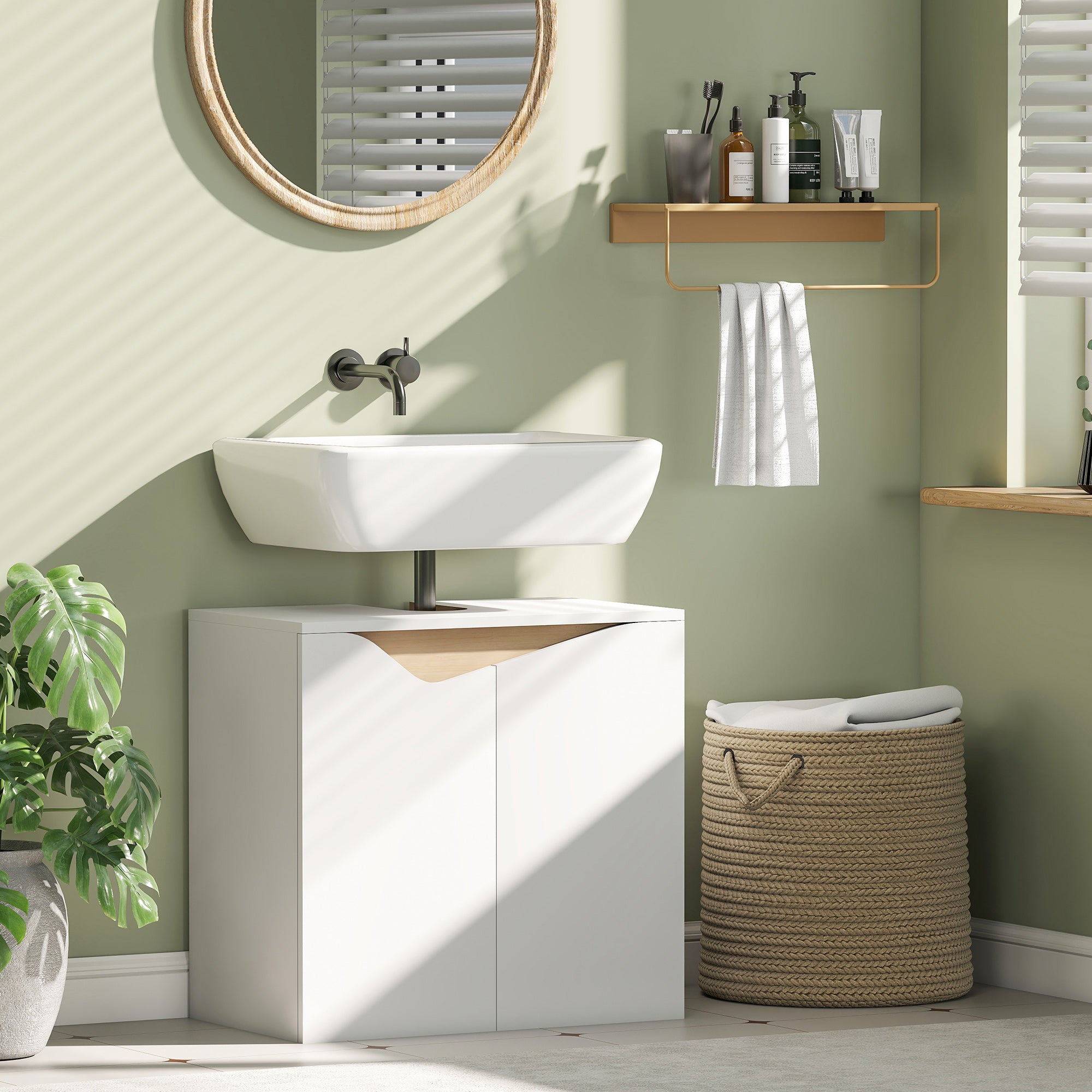 Under-Sink Vanity Cabinet with Soft-Close Doors, White/Natural Wood — 60 x 35 x 57.9 cm (23.6 x 13.8 x 22.8 in)