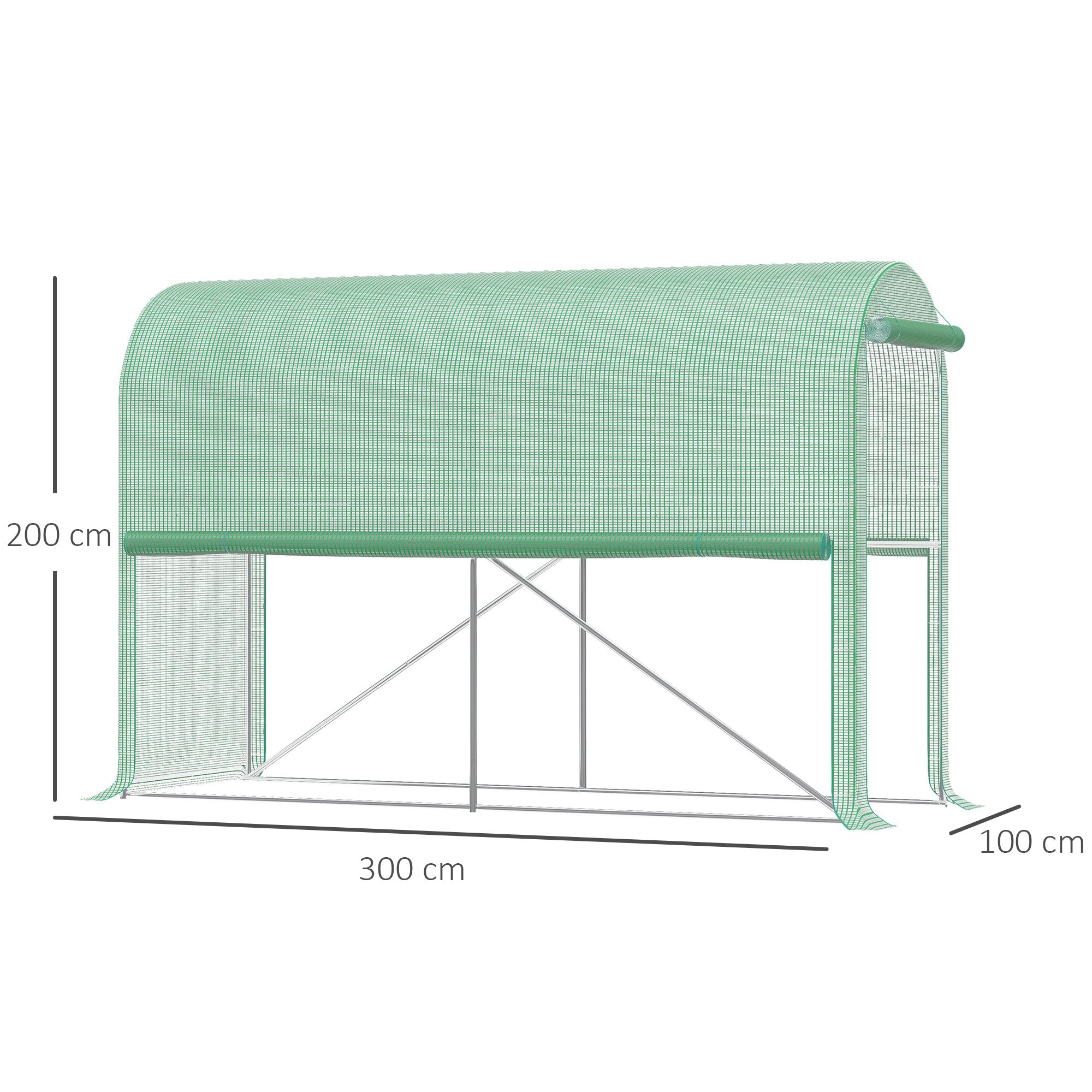 Garden Greenhouse PE, balcony greenhouse, reinforced 140 g/m² tarpaulin, steel frame, roll-up zip door, for vegetables plants flowers, indoor and outdoor, 300 x 100 x 200 cm, green