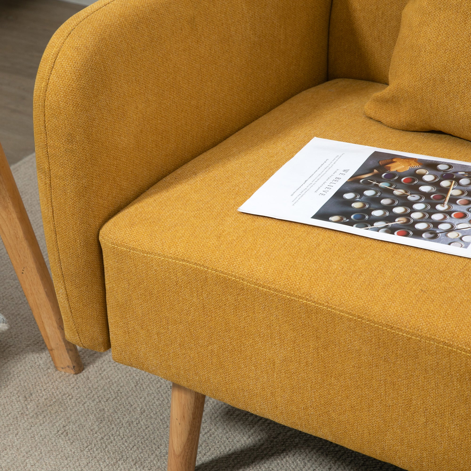 2 Seater Sofa, Couch with 2 Throw Pillows, Padded Double Sofa, Upholstered Sofa with Velvet Look, Armrest, Loveseat for Living Room, Bedroom, 130 x 70 x 80 cm, Yellow