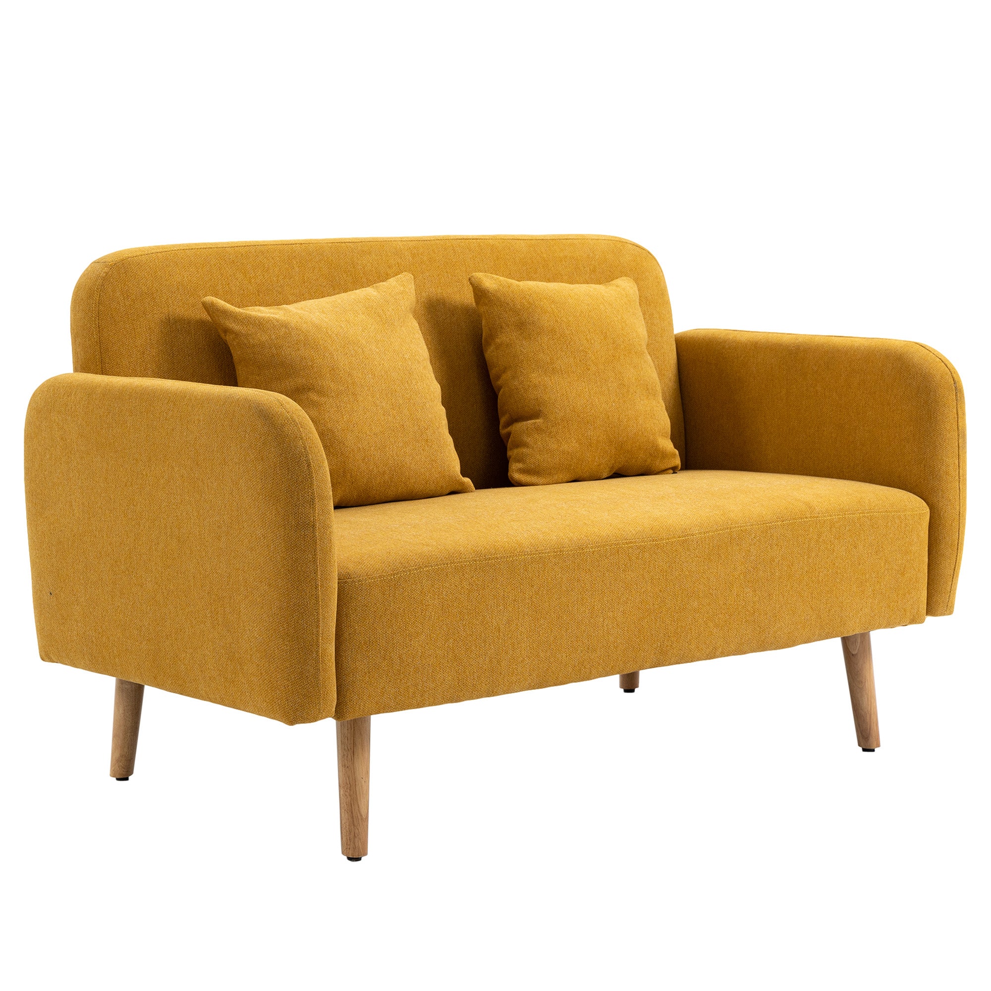2 Seater Sofa, Couch with 2 Throw Pillows, Padded Double Sofa, Upholstered Sofa with Velvet Look, Armrest, Loveseat for Living Room, Bedroom,  130 x 70 x 80 cm, Yellow