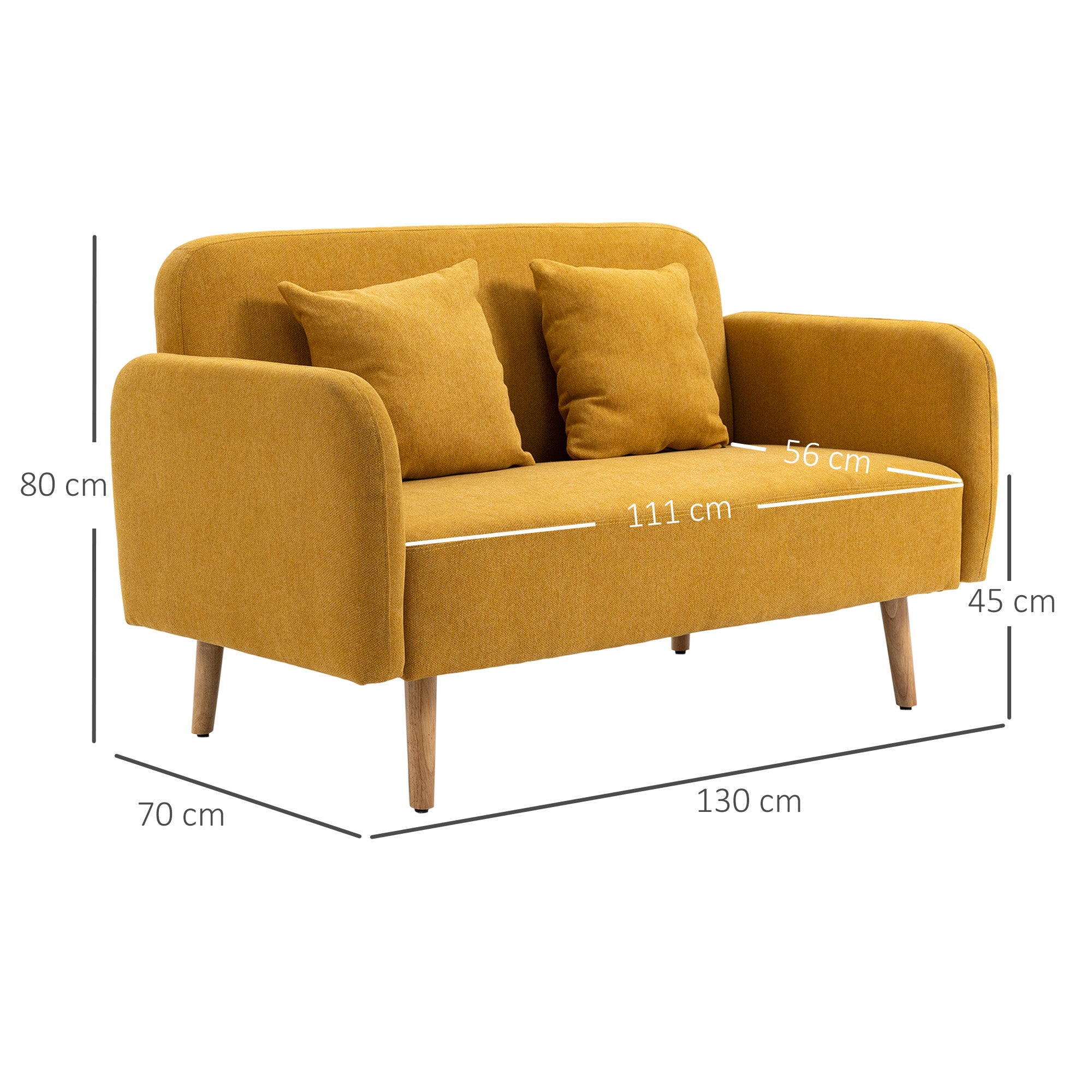2 Seater Sofa, Couch with 2 Throw Pillows, Padded Double Sofa, Upholstered Sofa with Velvet Look, Armrest, Loveseat for Living Room, Bedroom,  130 x 70 x 80 cm, Yellow