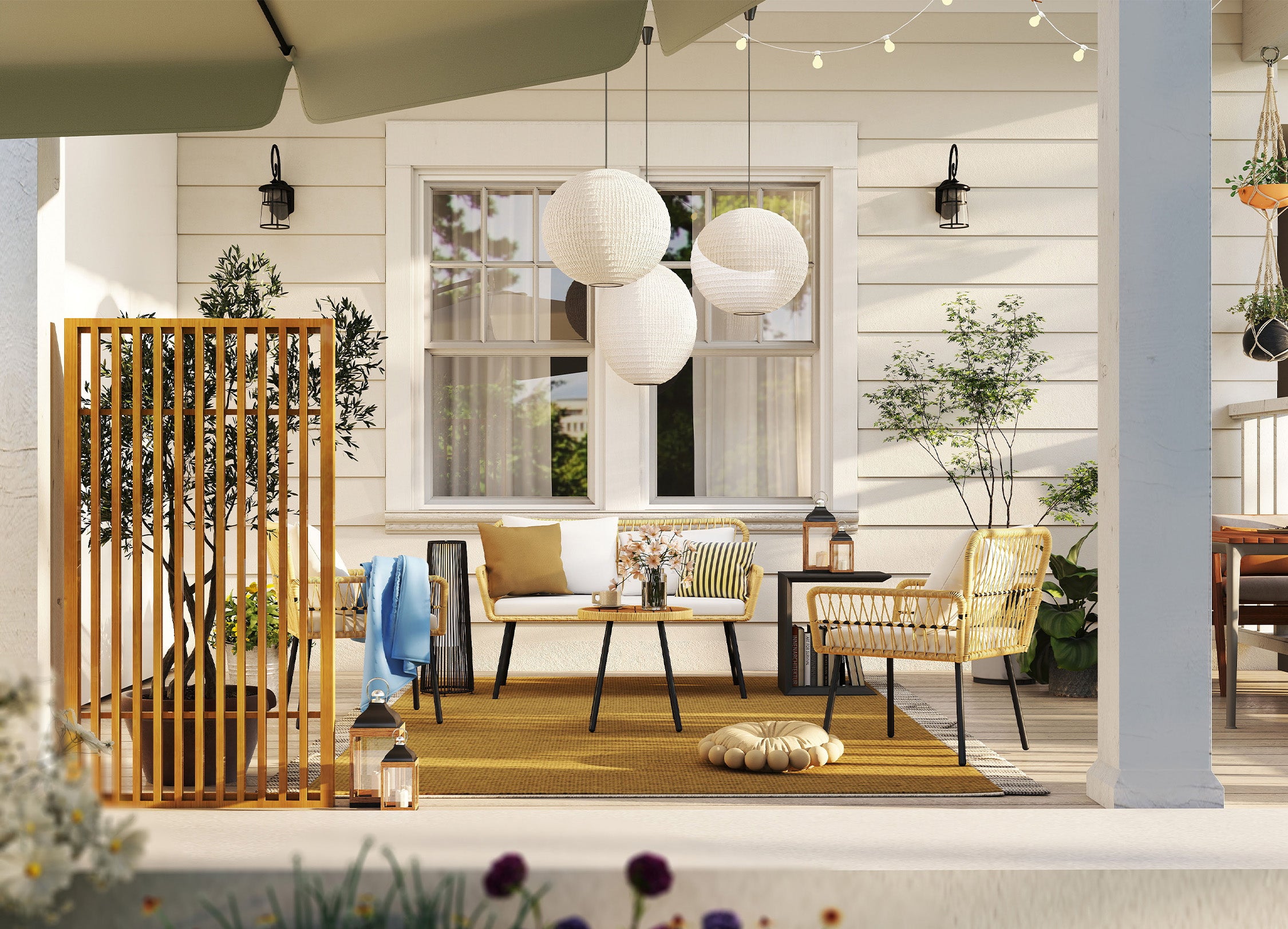Modern patio with wooden screen, chairs, and decorative elements.