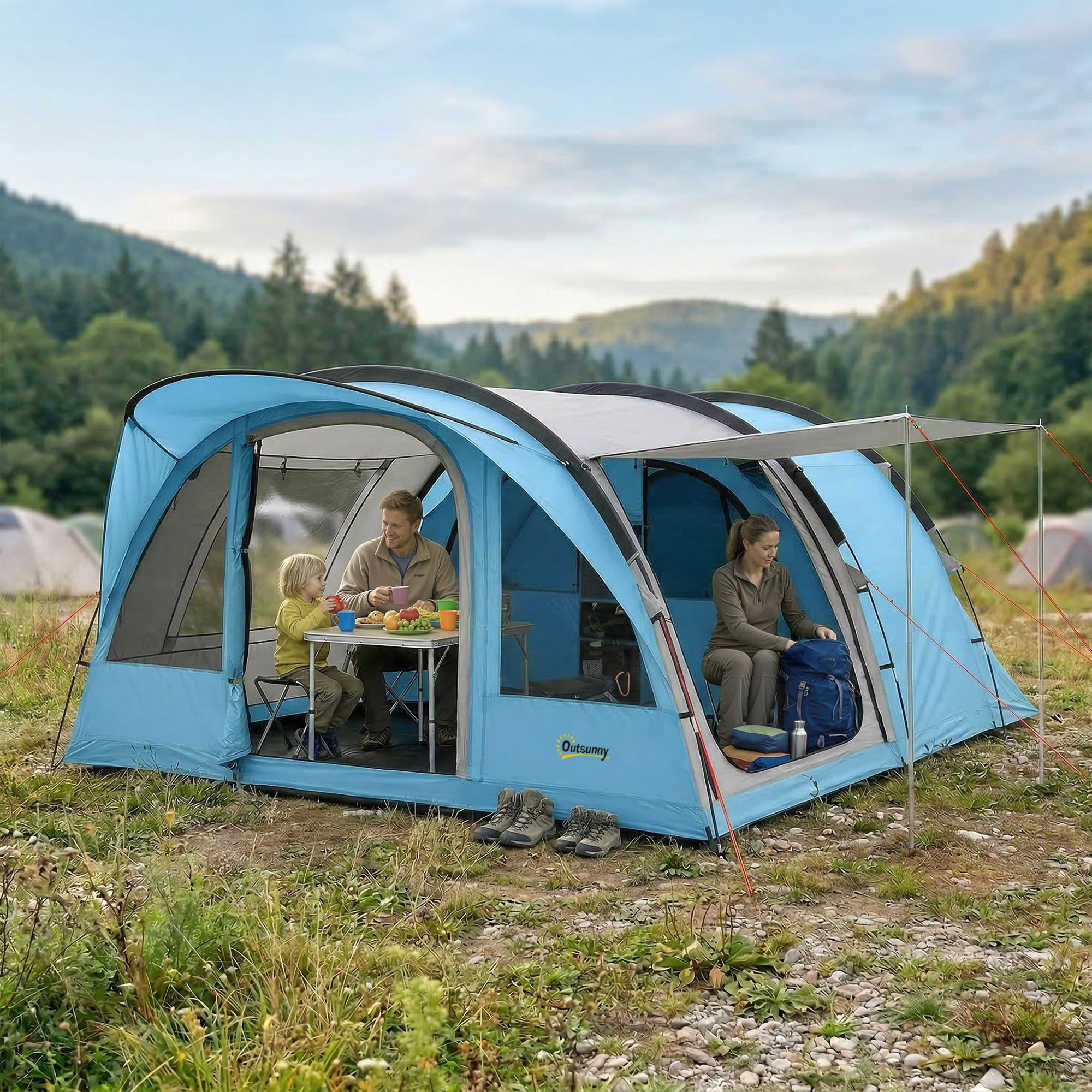 4-Person Tunnel Family Tent with Living Area, Removable Divider, Windows, Groundsheet, Standing Height — 3000 mm Waterproof (Sky Blue & Grey)