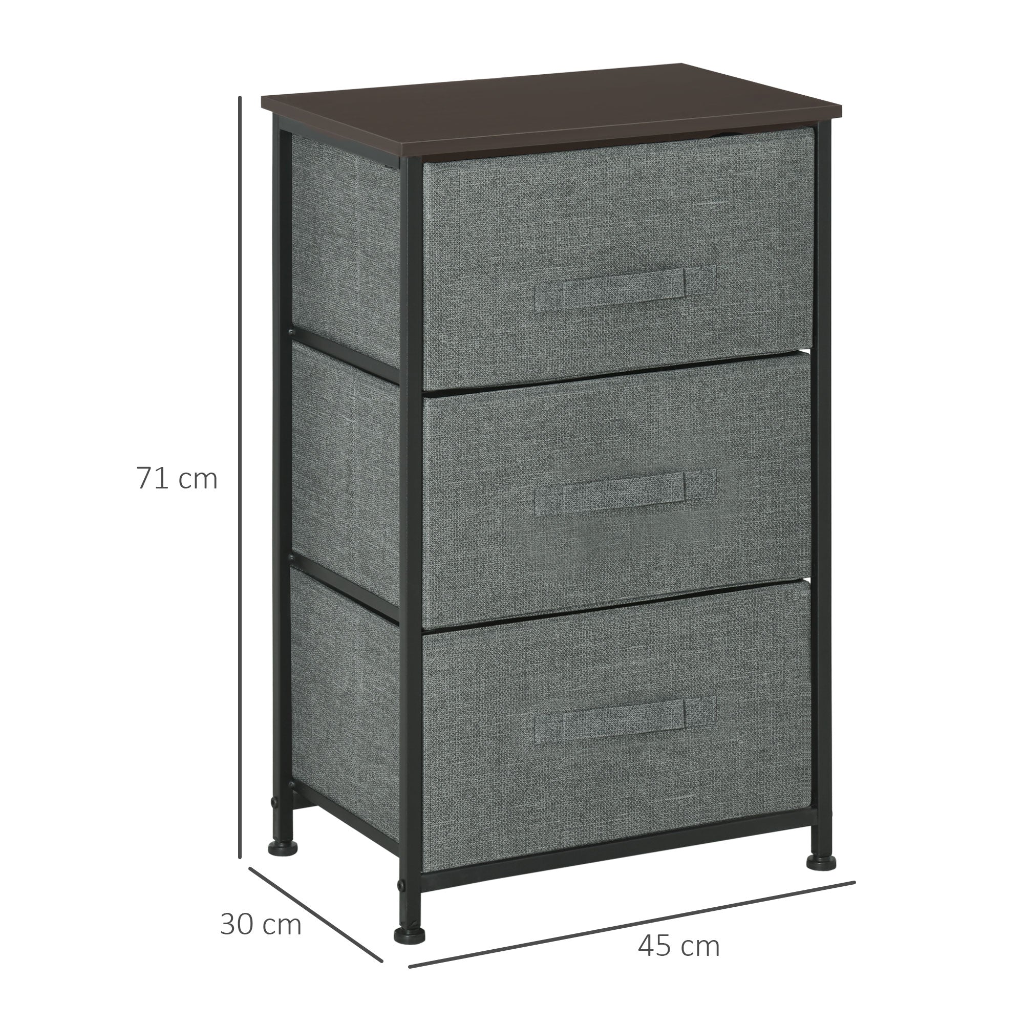 3-Drawer Storage Cabinet Dresser 45L x 30W x 71H cm Metal MDF Non-Woven Fabric Gray