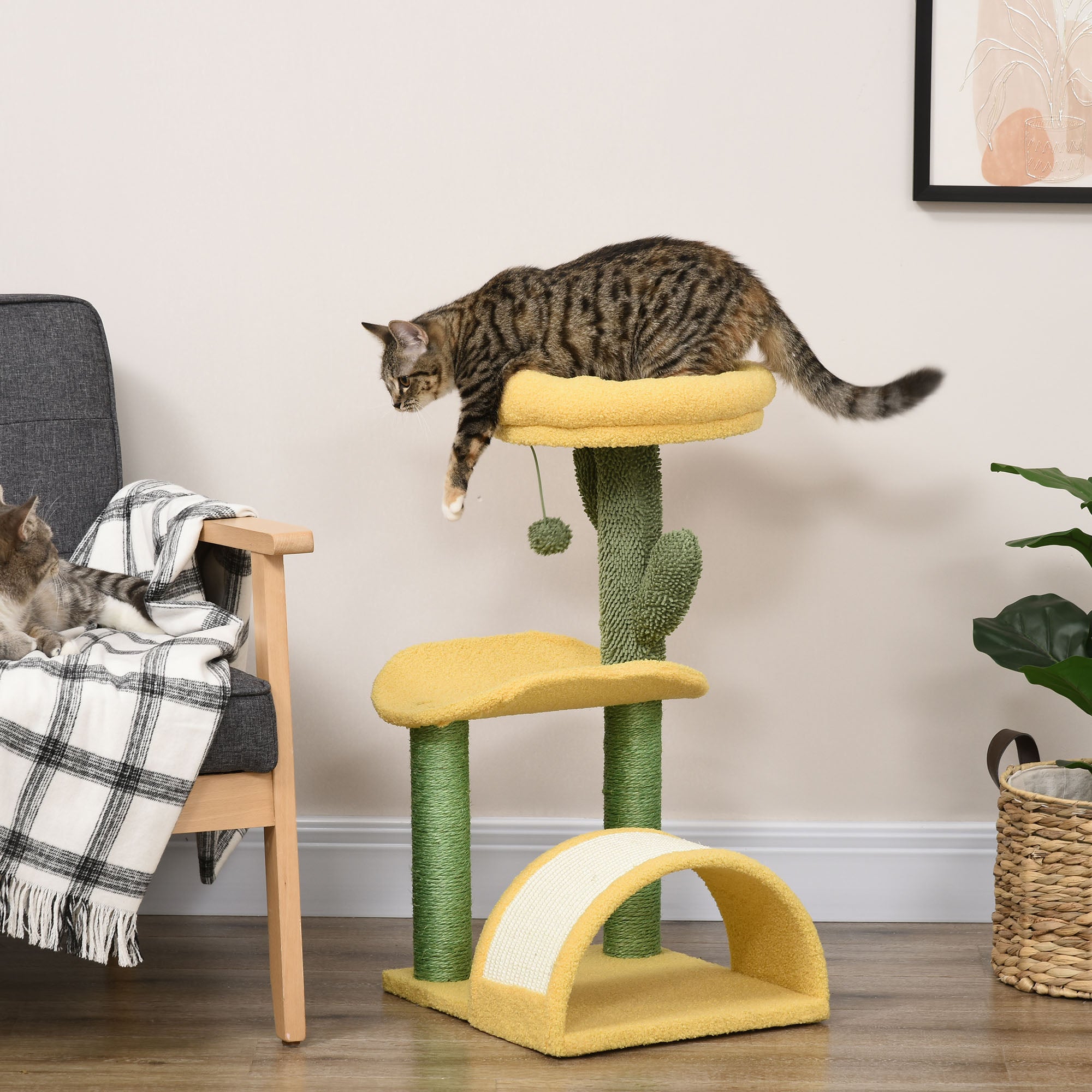72cm Cat Scratcher Tree Cat Activity Center with Bed Sisal Scratching Post Curved Scratcher and Hanging Ball 40x35x72 cm Yellow
