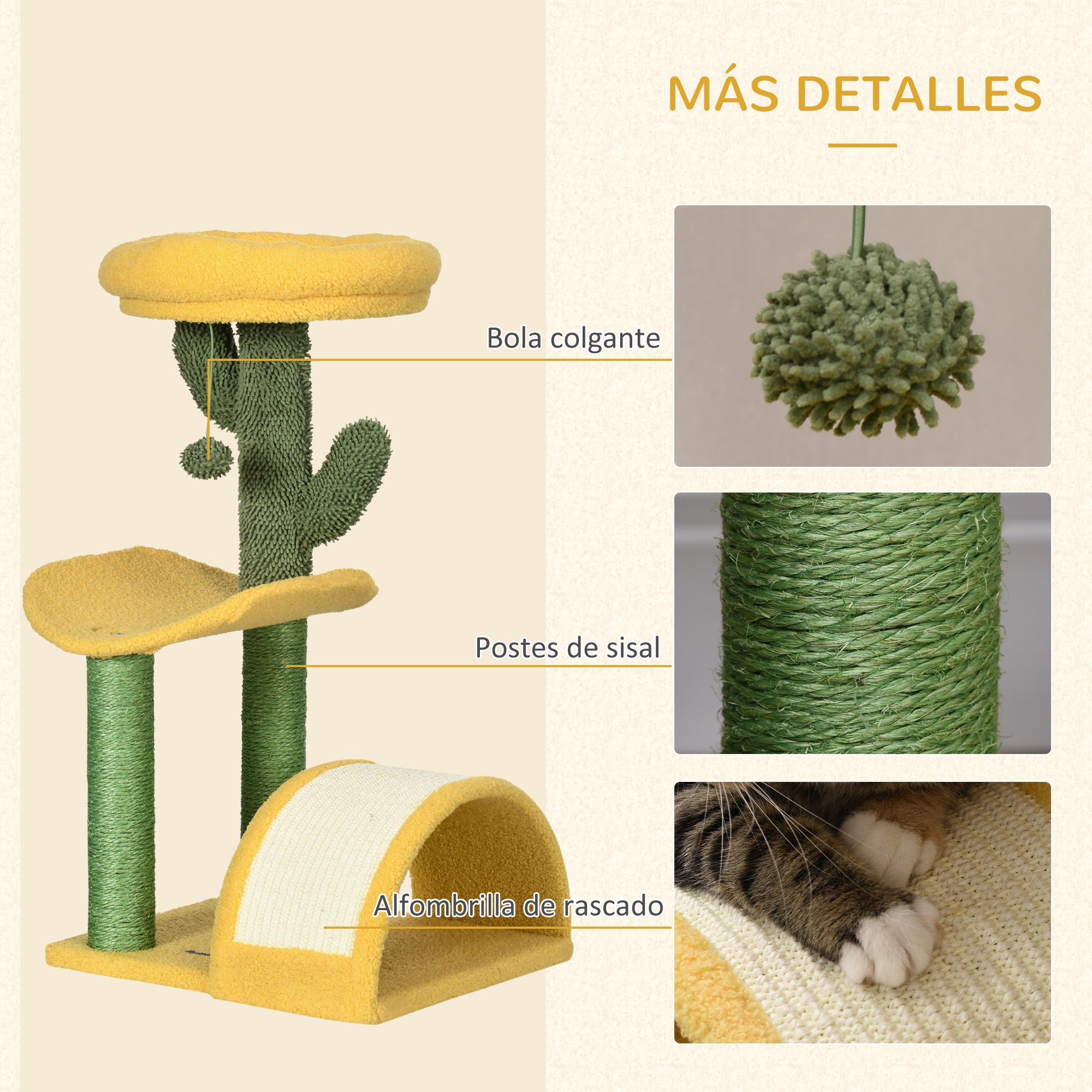 72cm Cat Scratcher Tree Cat Activity Center with Bed Sisal Scratching Post Curved Scratcher and Hanging Ball 40x35x72 cm Yellow