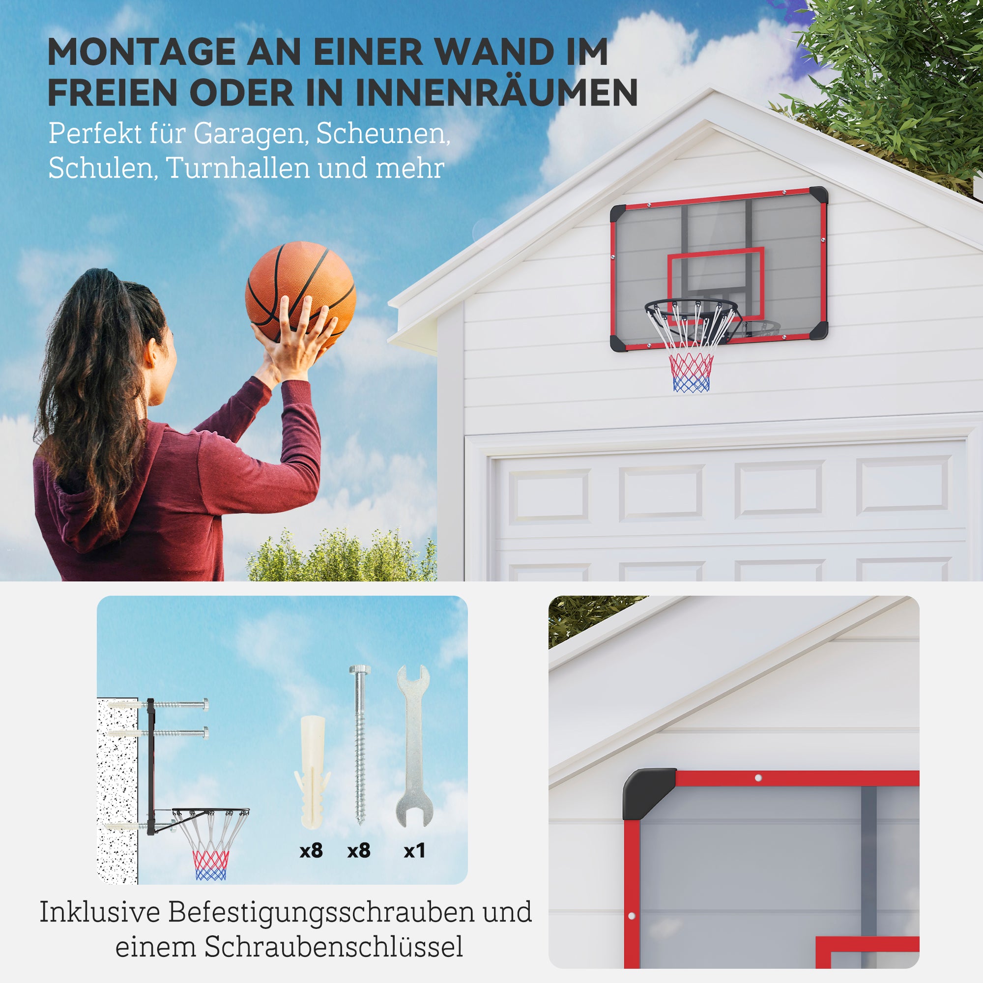 SPORTNOW Basketball Hoop with Backboard, Outdoor Basketball Board with Ø45 cm Steel Rim and Net, Wall Mount, Basketball Board for Kids Teenagers Adults, Red
