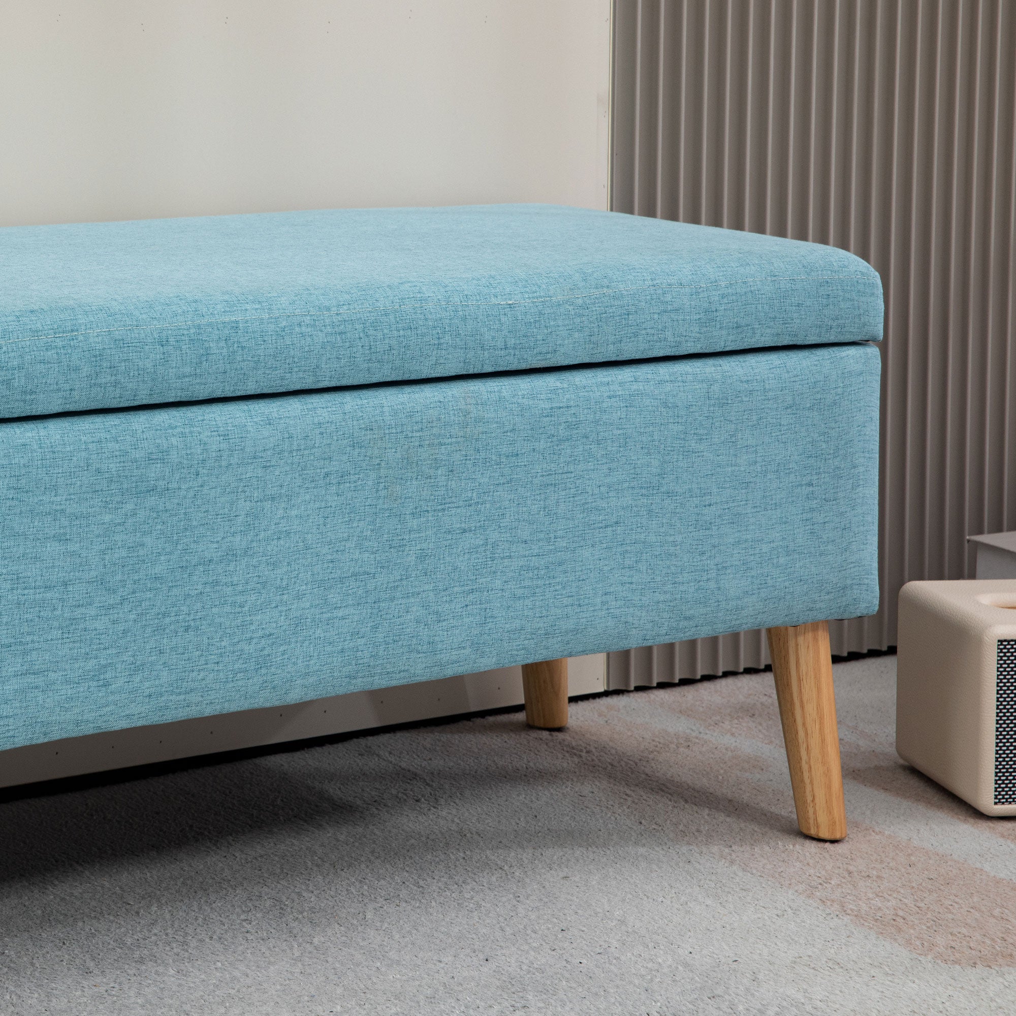 Storage Bench Upholstered Bench in Linen Look, Bed Bench with Wooden Legs, Storage Bench for Living Room Bedroom Hallway 110 x 39 x 45 cm, Blue