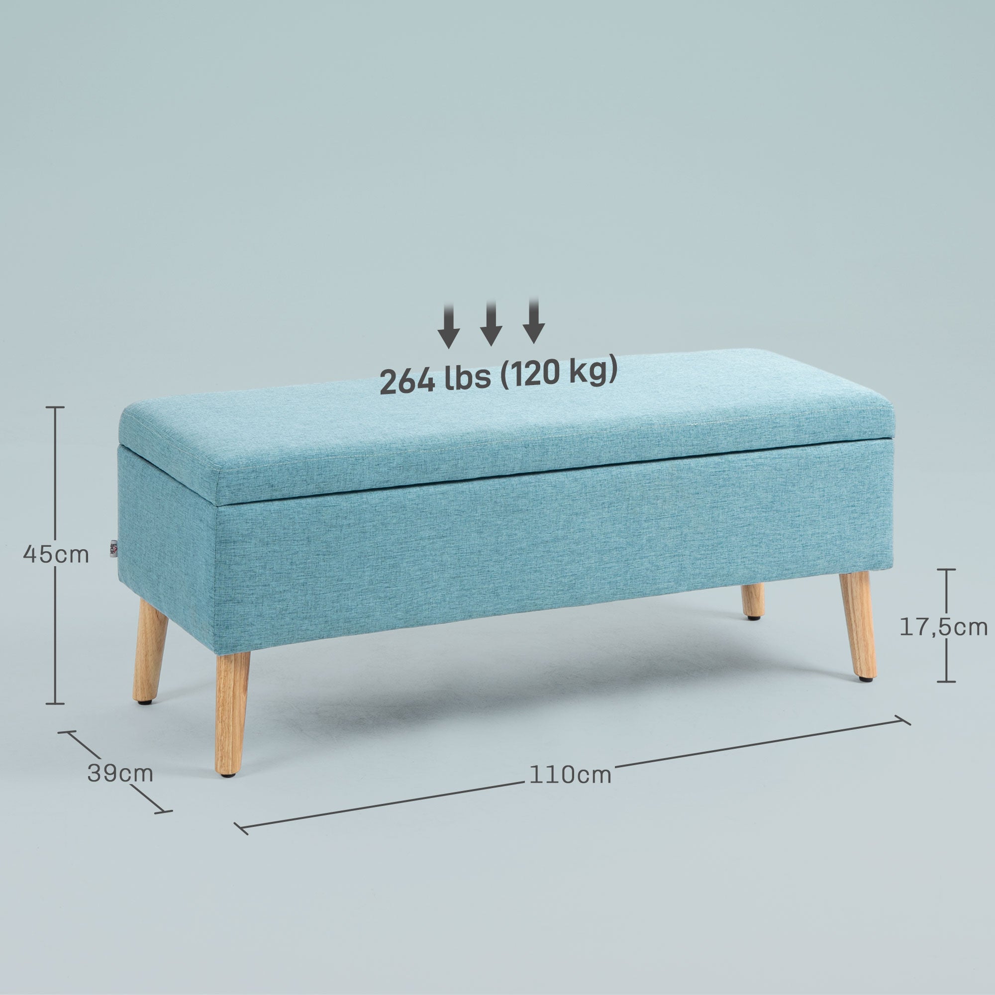 Storage Bench Upholstered Bench in Linen Look, Bed Bench with Wooden Legs, Storage Bench for Living Room Bedroom Hallway 110 x 39 x 45 cm, Blue
