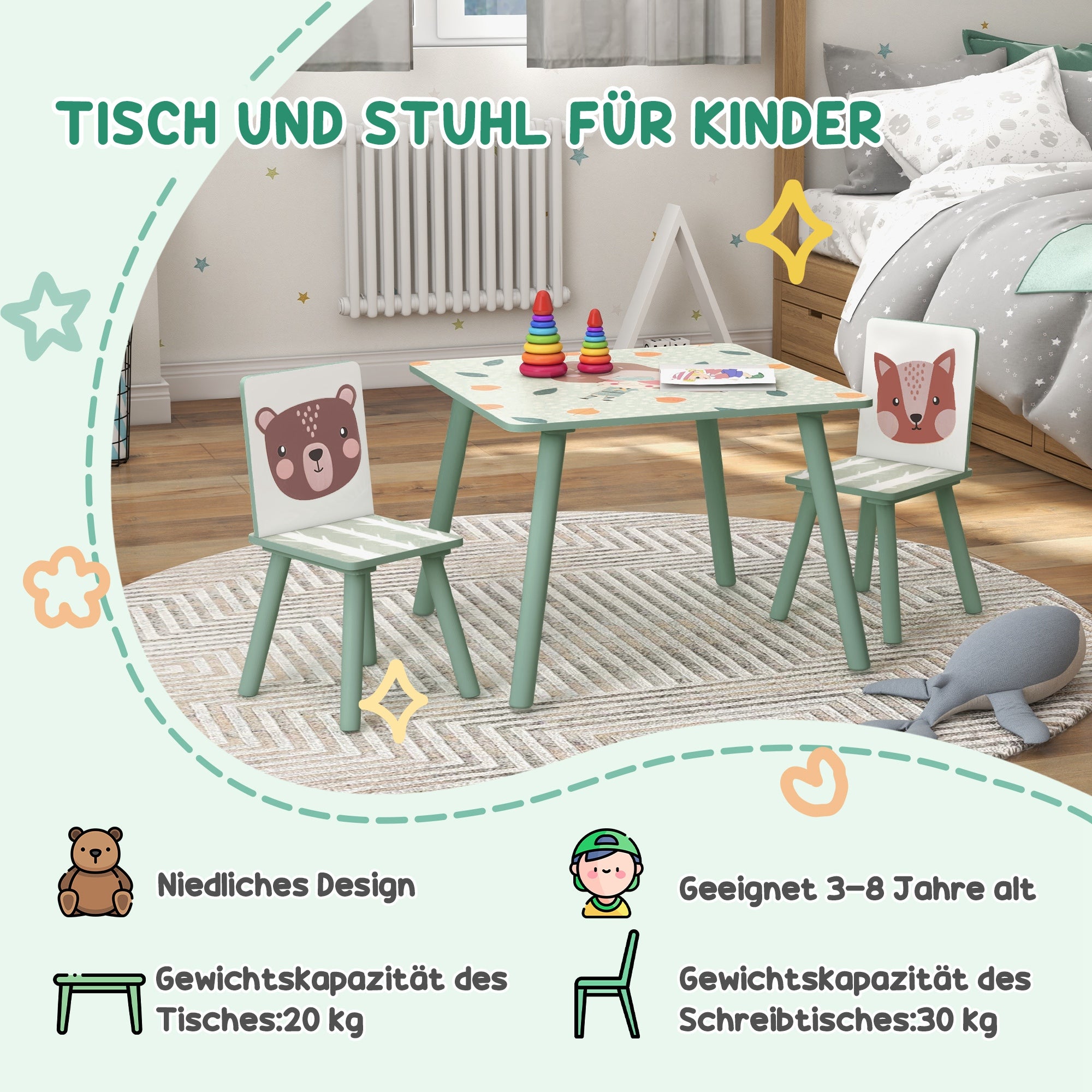 ZONEKIZ Children's Table with 2 Chairs, 3-piece height-adjustable children's seating group made of wood with cute animal motif seating for children children's furniture for children's rooms, kindergartens, 60 x 60 x 44 cm Green