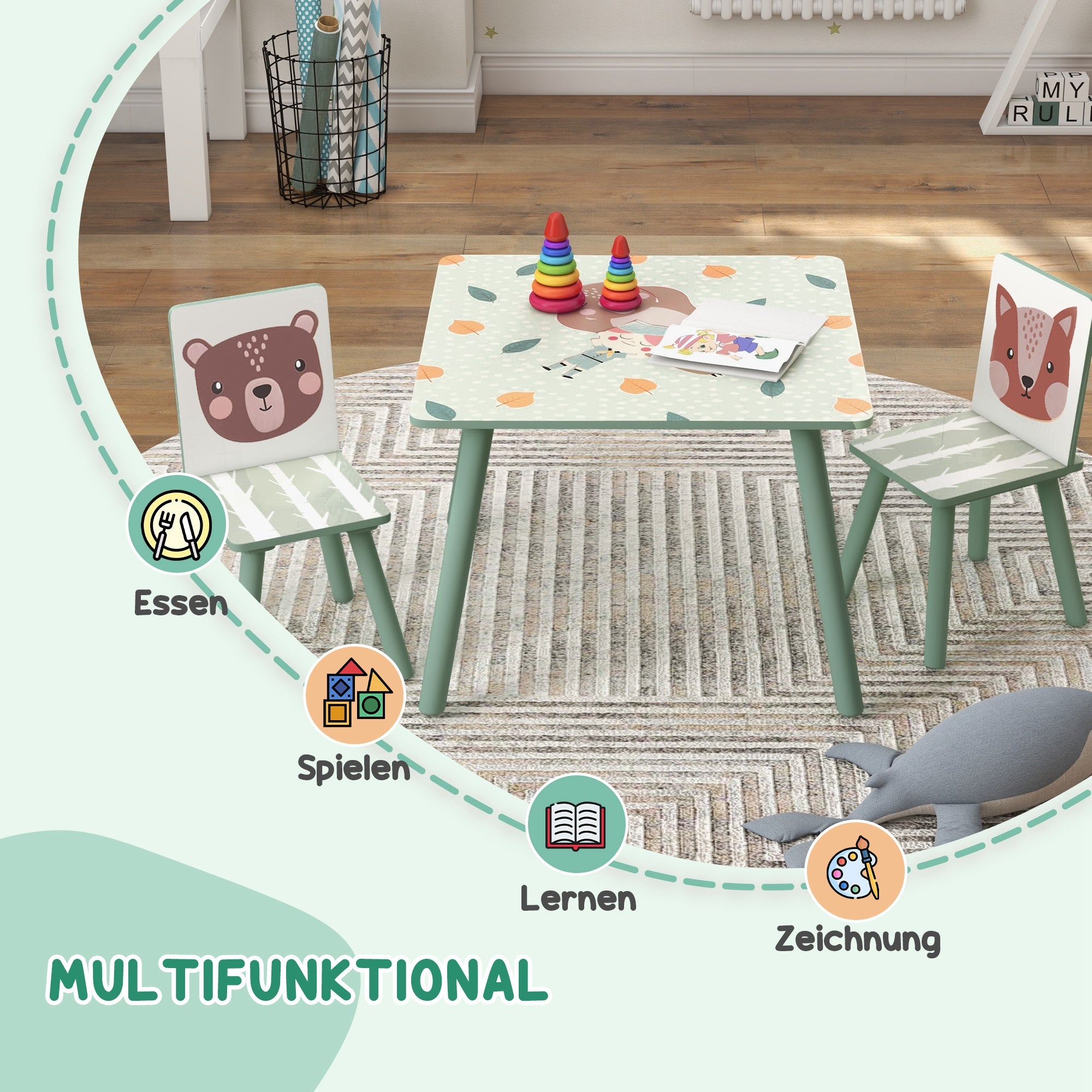 ZONEKIZ Children's Table with 2 Chairs, 3-piece height-adjustable children's seating group made of wood with cute animal motif seating for children children's furniture for children's rooms, kindergartens, 60 x 60 x 44 cm Green