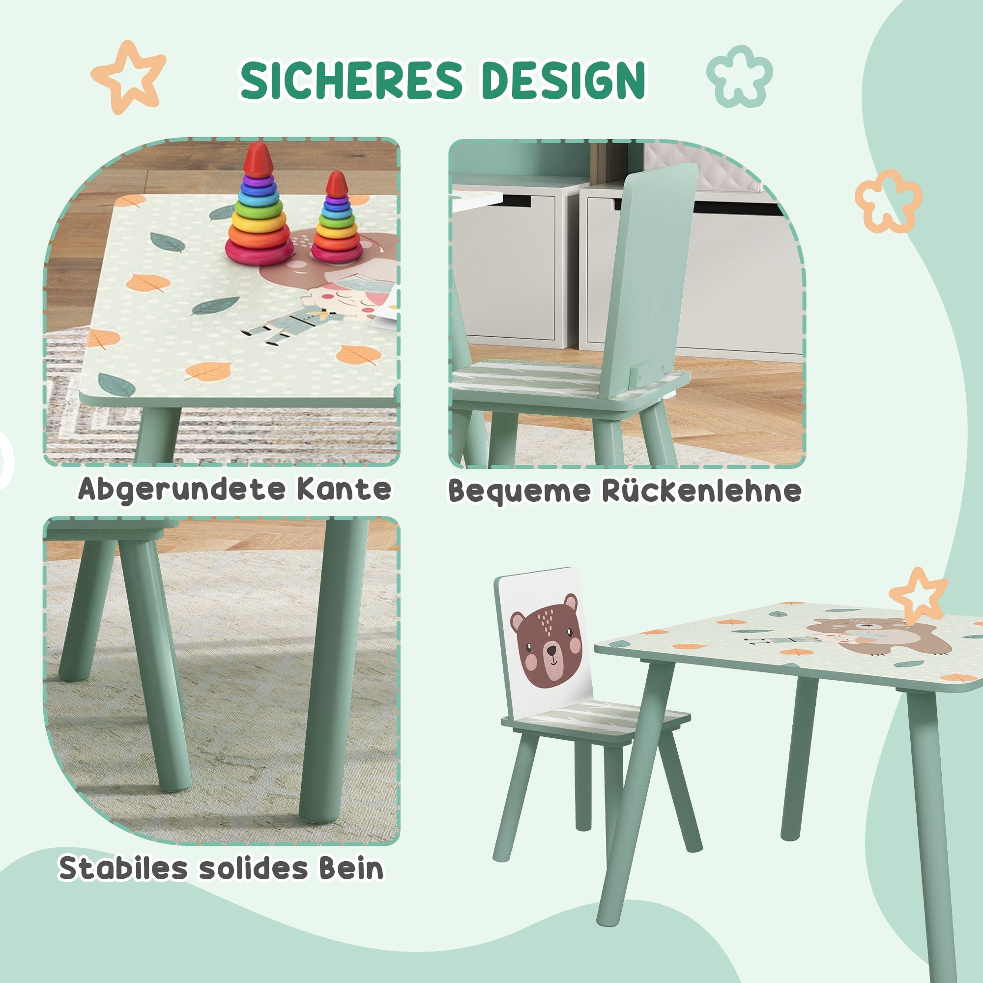 ZONEKIZ Children's Table with 2 Chairs, 3-piece height-adjustable children's seating group made of wood with cute animal motif seating for children children's furniture for children's rooms, kindergartens, 60 x 60 x 44 cm Green