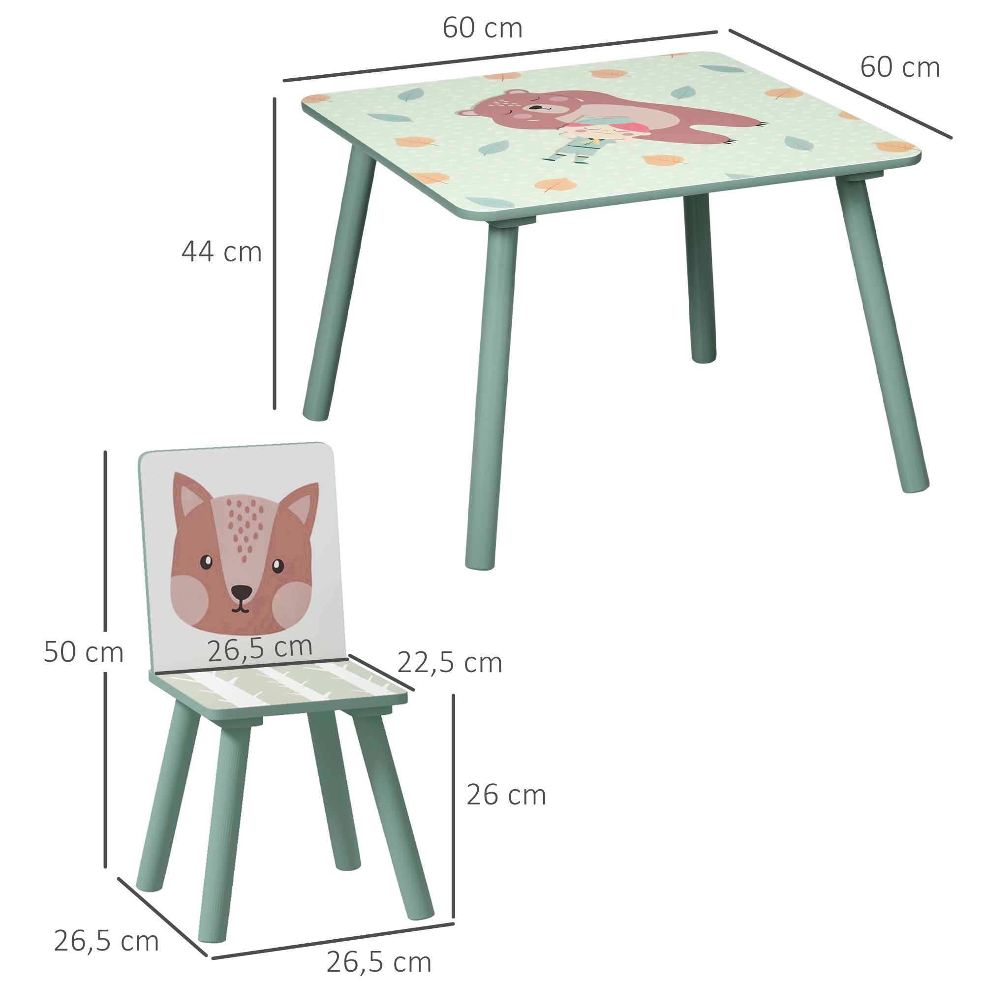 ZONEKIZ Children's Table with 2 Chairs, 3-piece height-adjustable children's seating group made of wood with cute animal motif seating for children children's furniture for children's rooms, kindergartens, 60 x 60 x 44 cm Green