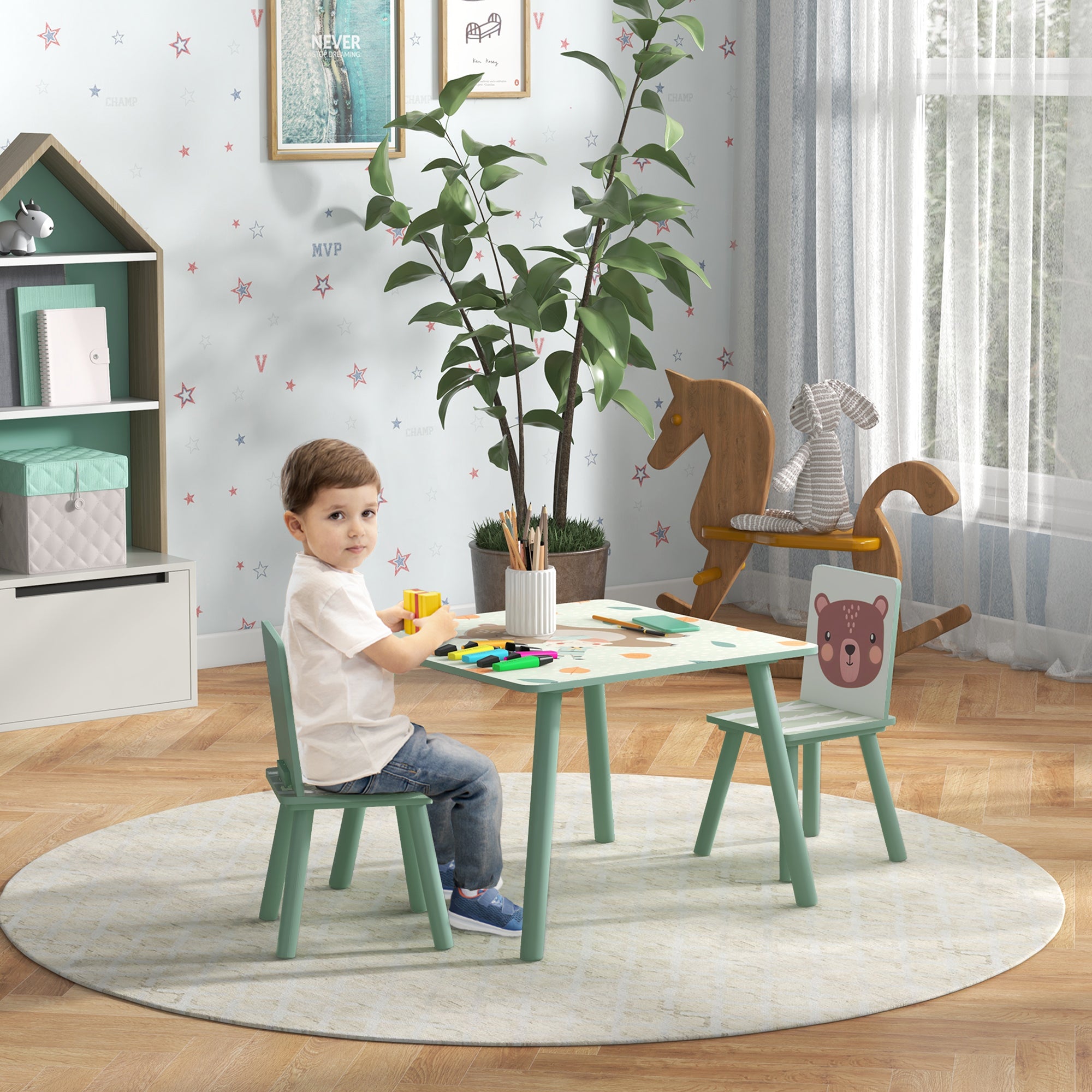ZONEKIZ Children's Table with 2 Chairs, 3-piece height-adjustable children's seating group made of wood with cute animal motif seating for children children's furniture for children's rooms, kindergartens, 60 x 60 x 44 cm Green