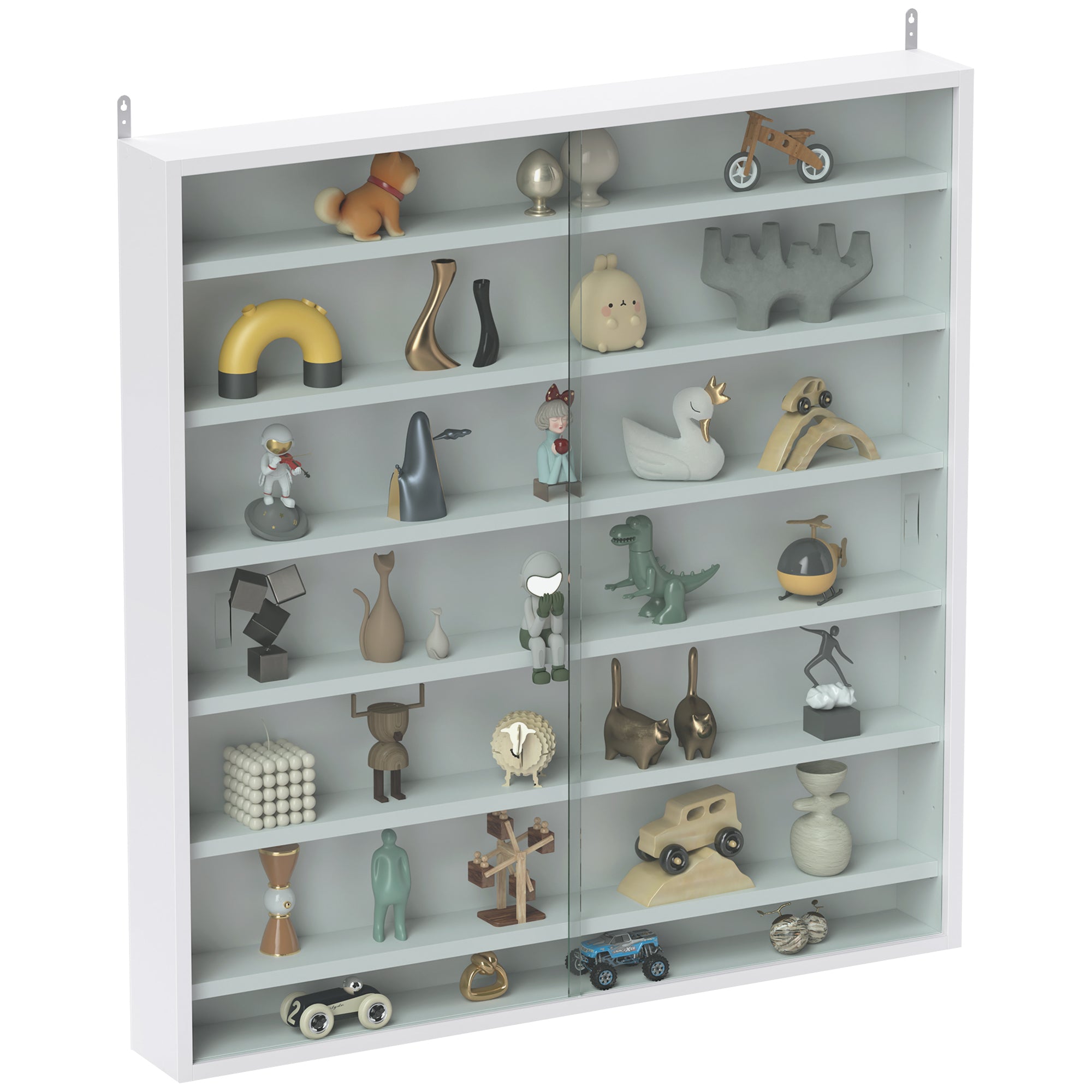 Wall Display Cabinet for Collectibles, 31.5 x 3.7 x 32.7 in, 6 Adjustable Shelves, 2 Glass Sliding Doors, White — For Figurines & Model Cars