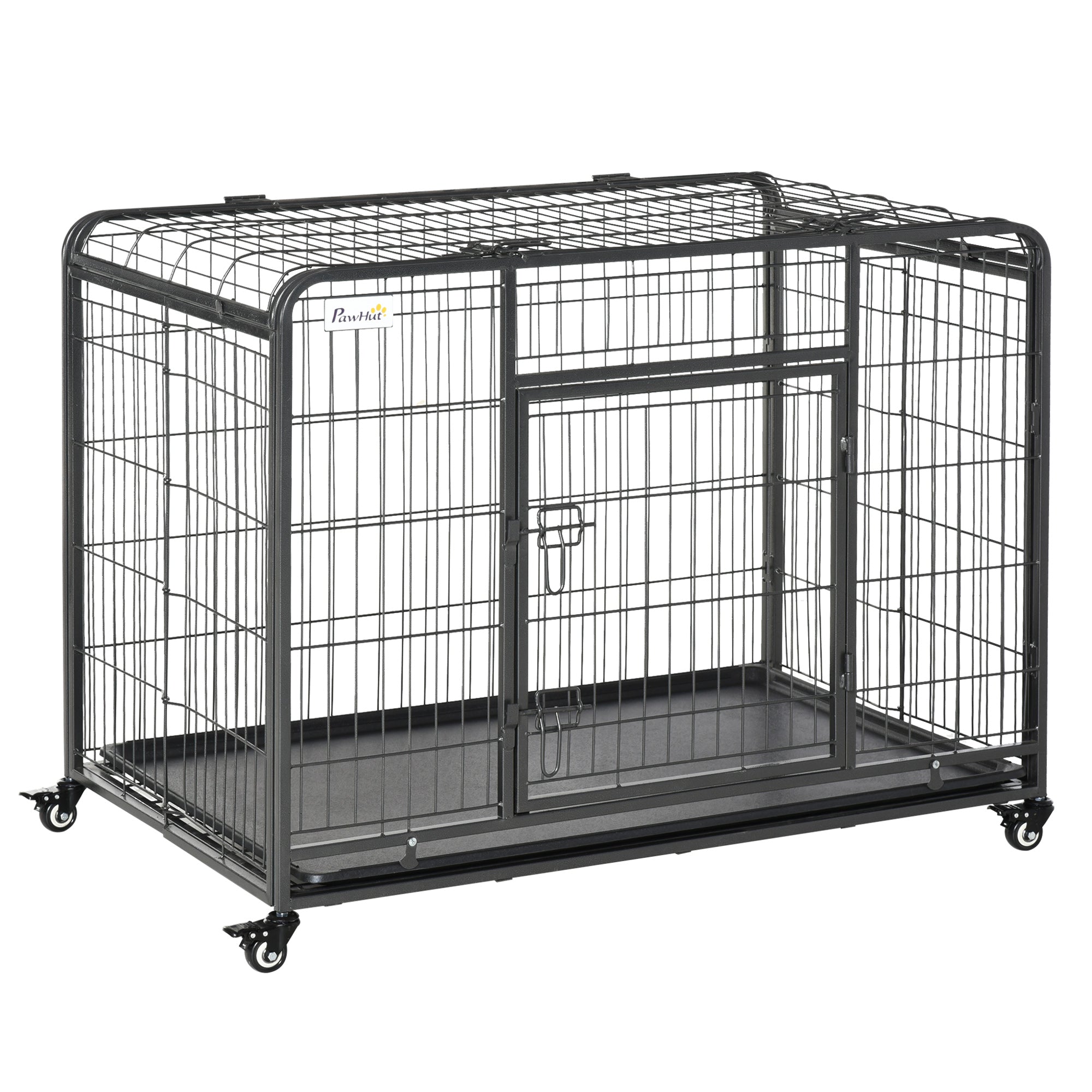 Folding Metal Dog Crate for Large Dogs 109.5x71x78 cm with Wheels and Brakes Removable Tray and Door with Latches for Golden Retriever Labrador Dark Gray