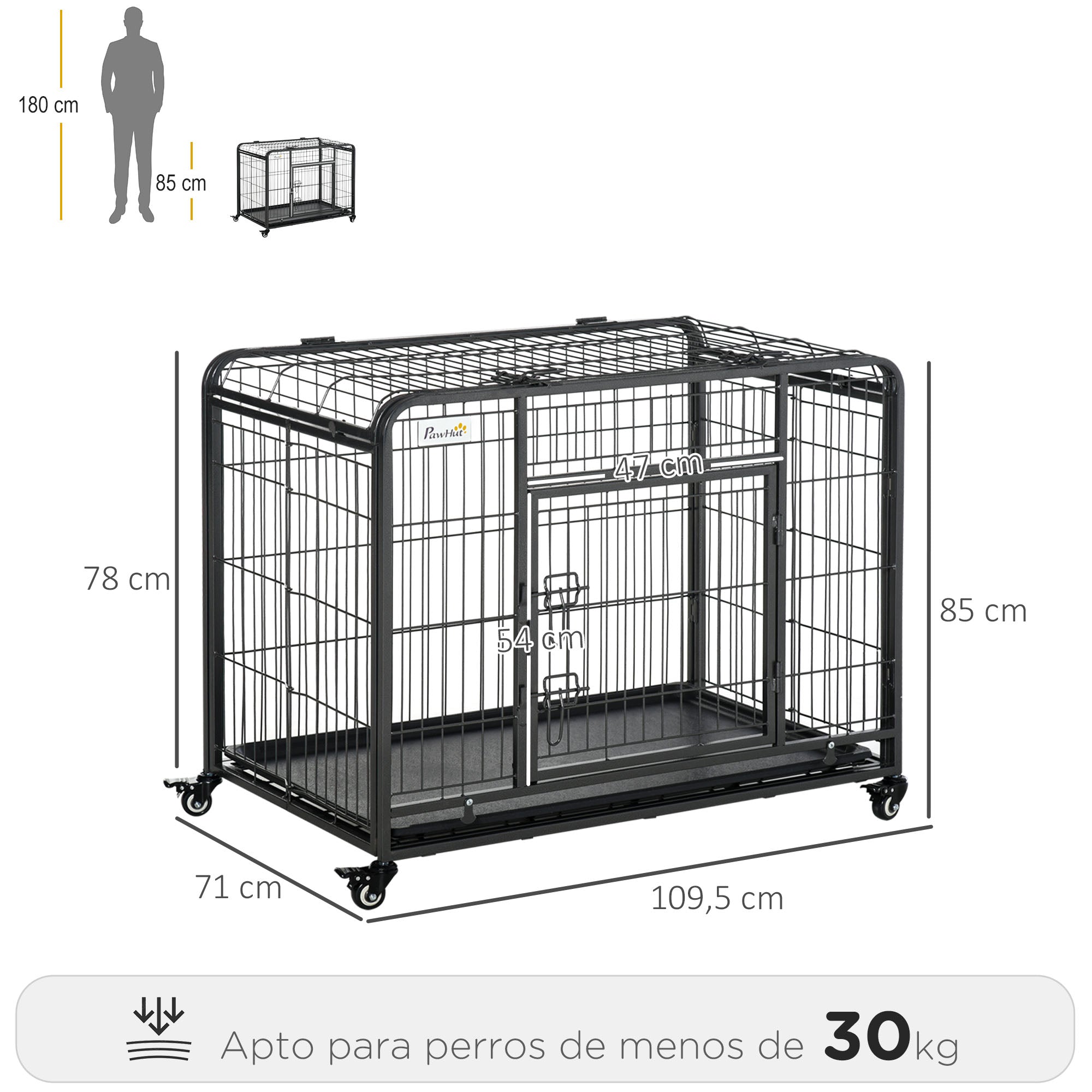 Folding Metal Dog Crate for Large Dogs 109.5x71x78 cm with Wheels and Brakes Removable Tray and Door with Latches for Golden Retriever Labrador Dark Gray