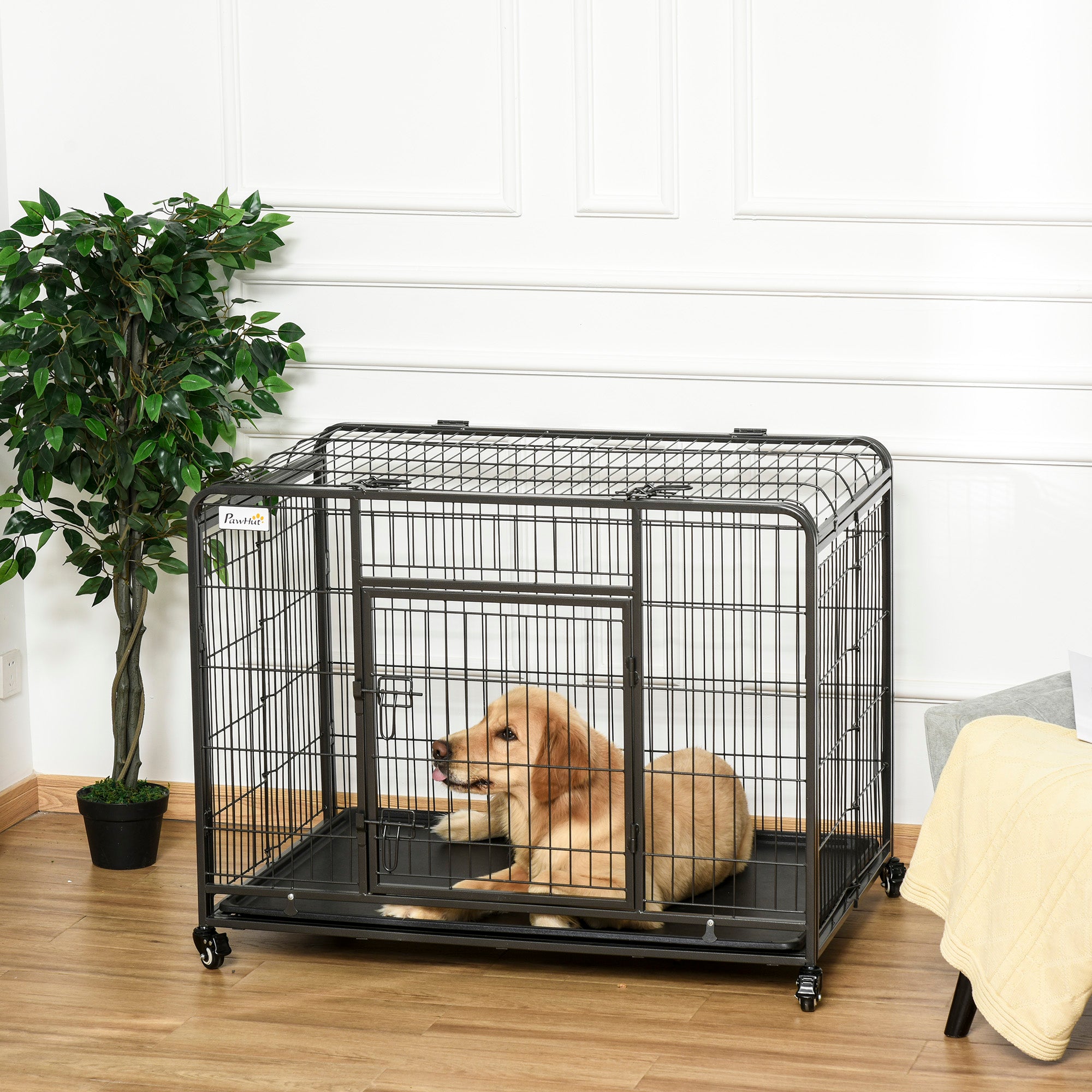 Folding Metal Dog Crate for Large Dogs 109.5x71x78 cm with Wheels and Brakes Removable Tray and Door with Latches for Golden Retriever Labrador Dark Gray