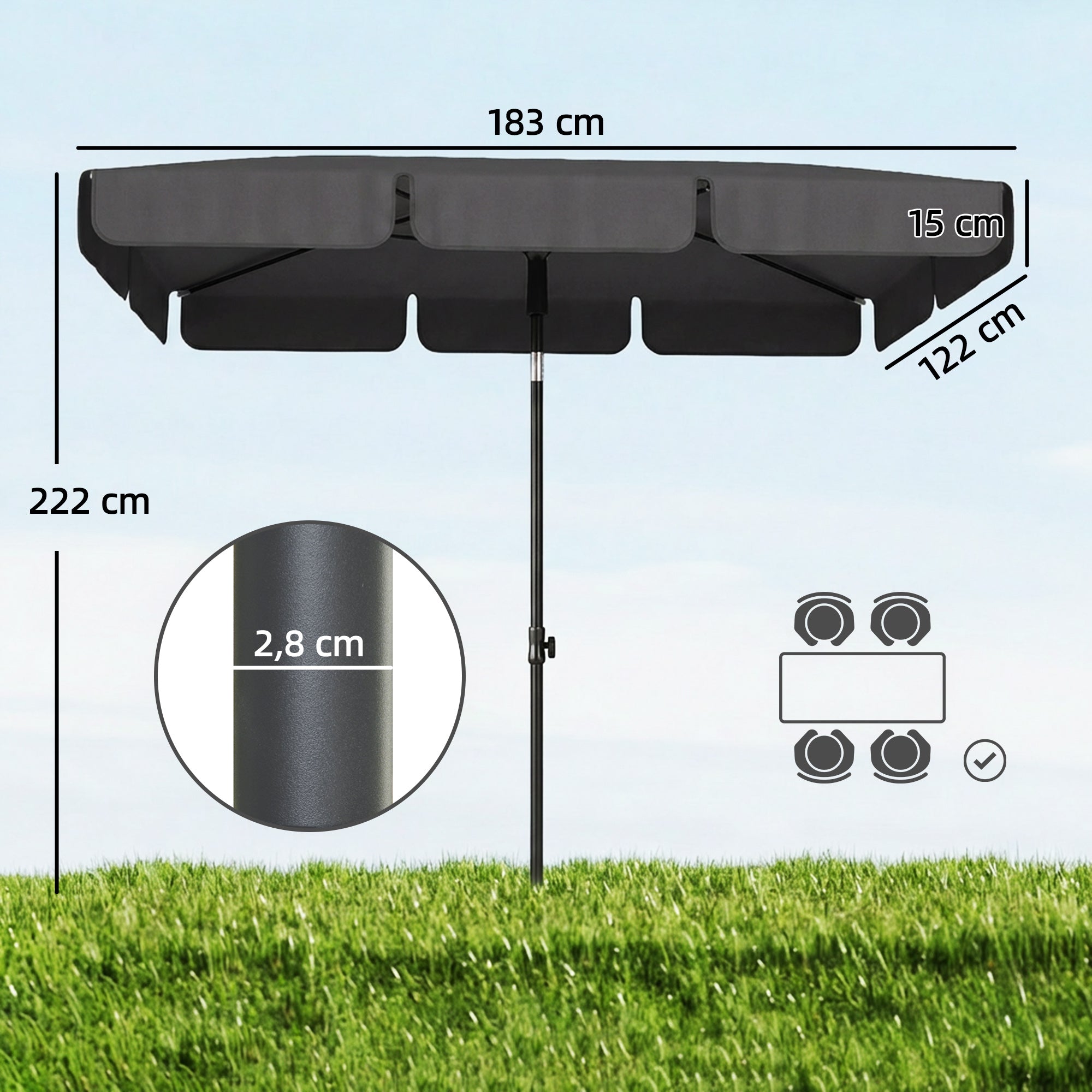 Rectangular Parasol 72 x 48 in (183 x 122 cm) – 3-Tilt Crank Umbrella with 8 Ribs for Beach, Balcony & Garden, Dark Gray