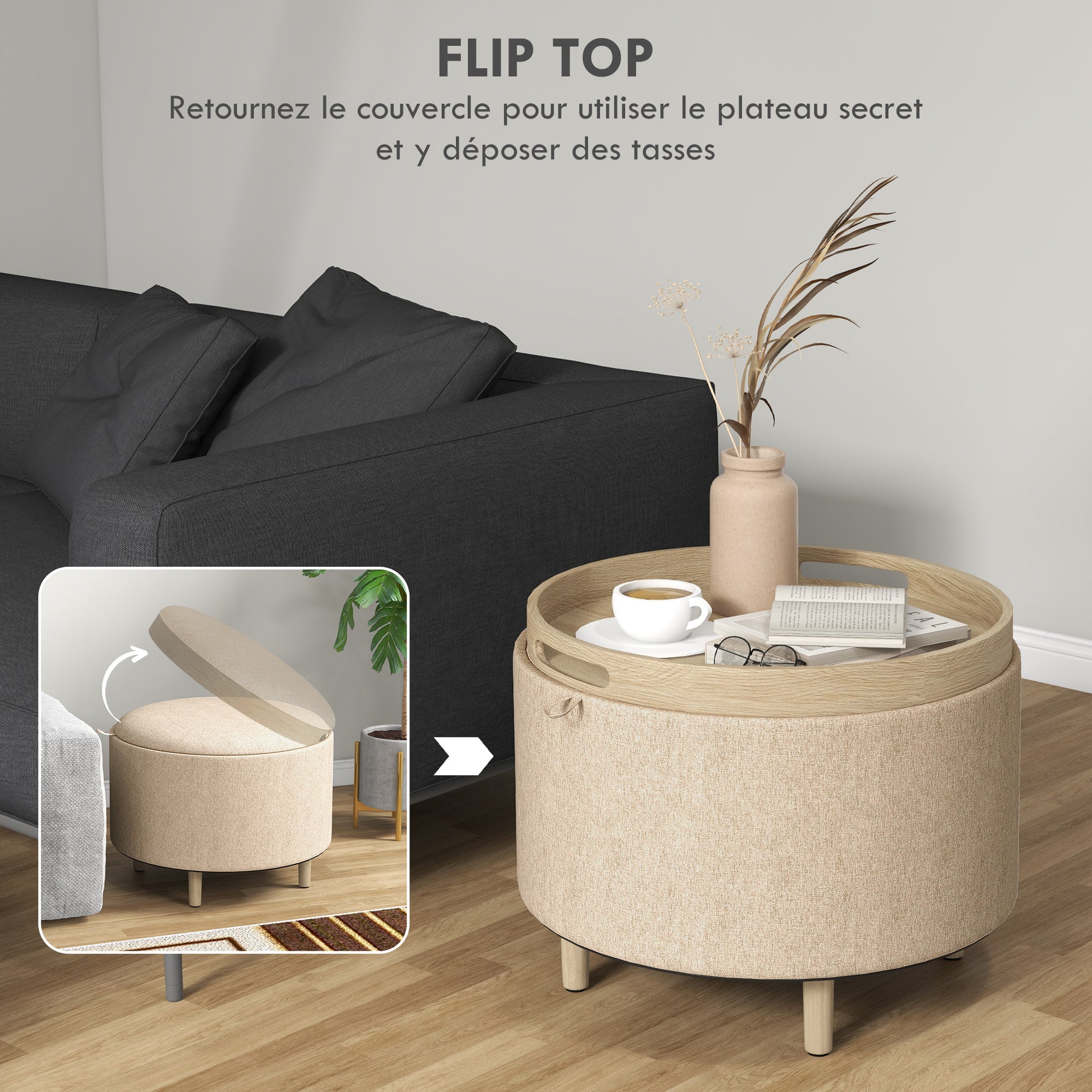 Round Ottoman Footstool with Storage Chest, Reversible Tray, 3 in 1 furniture, linen covering, solid wood legs, beige