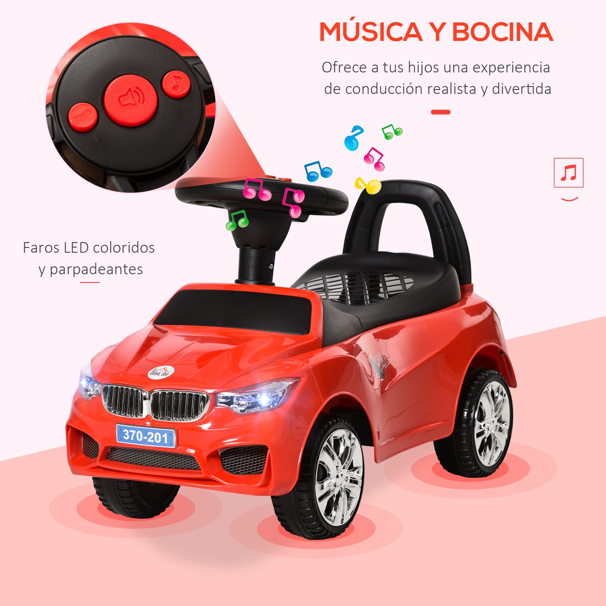Ride-On Car for 18-36 Months Kids Ride-On Toy with Headlights, Music, Horn, Steering Wheel, Storage Space, and Push Handle 63.5x28x36 cm Red