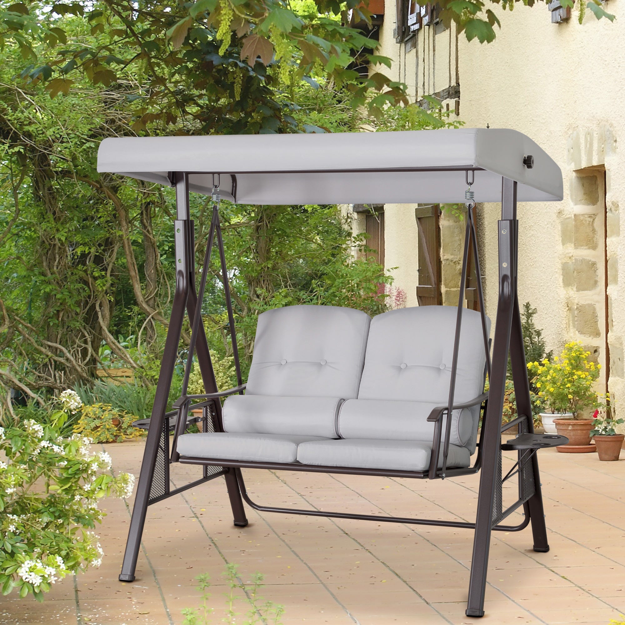 2-Seater Hollywood Swing Garden Swing with Sunshade Cushion Tray Metal Polyester Gray 162 x 118 x 173 cm