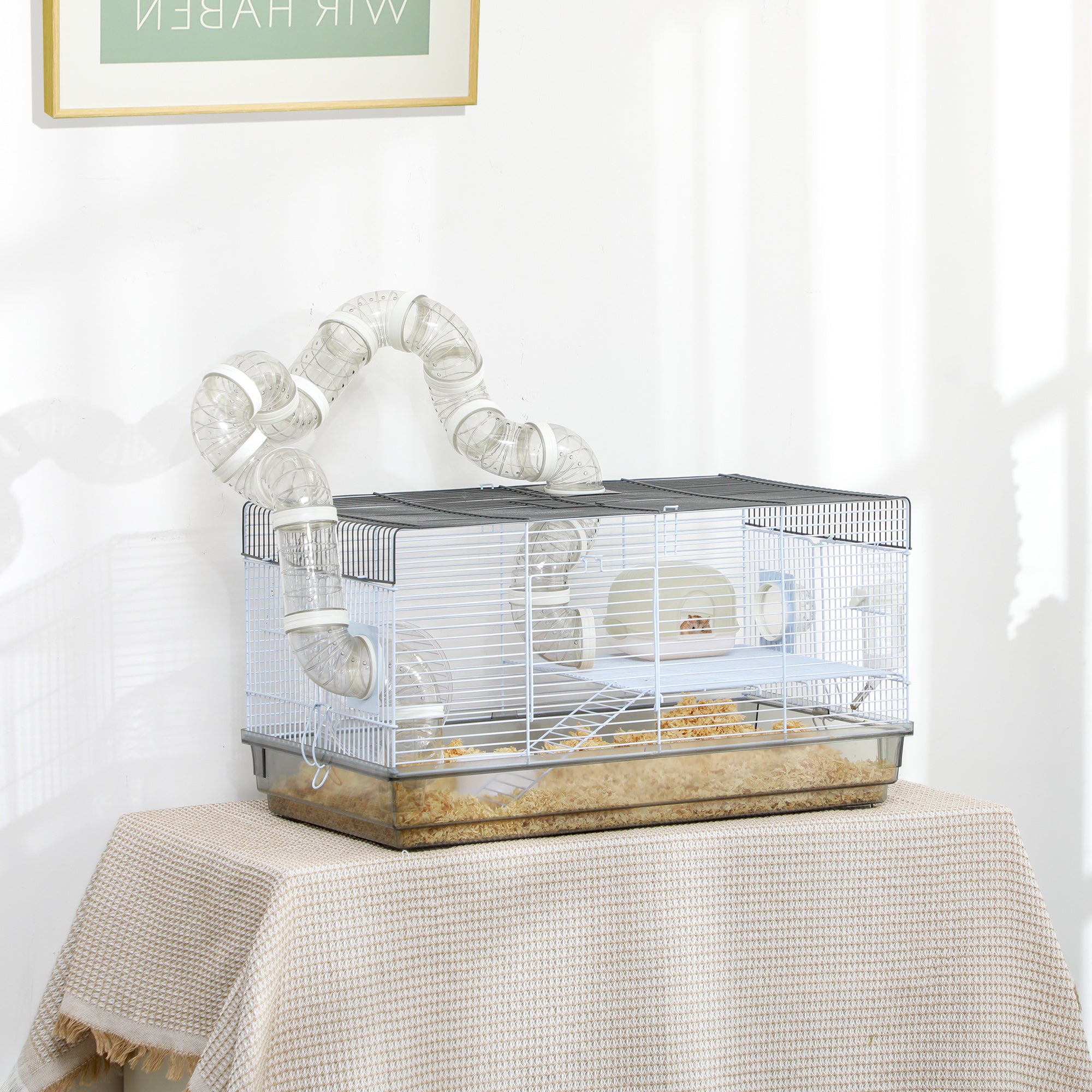 Hamster Cage, Rodent Cage, with Tunnel and Accessories Included, Hamster Cage, Handle, Steel Wire, 58 x 32 x 31 cm, Gray